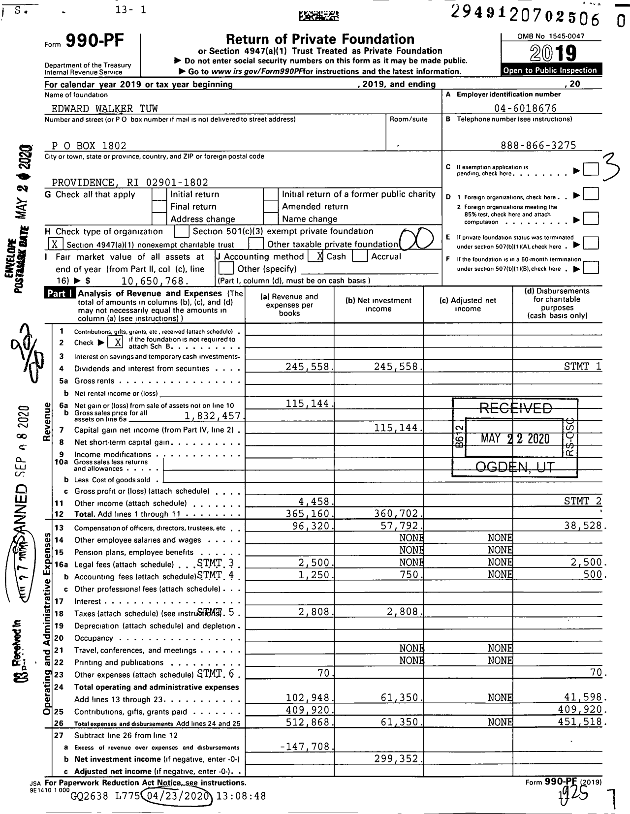 Image of first page of 2019 Form 990PR for Edward Walker Tuw