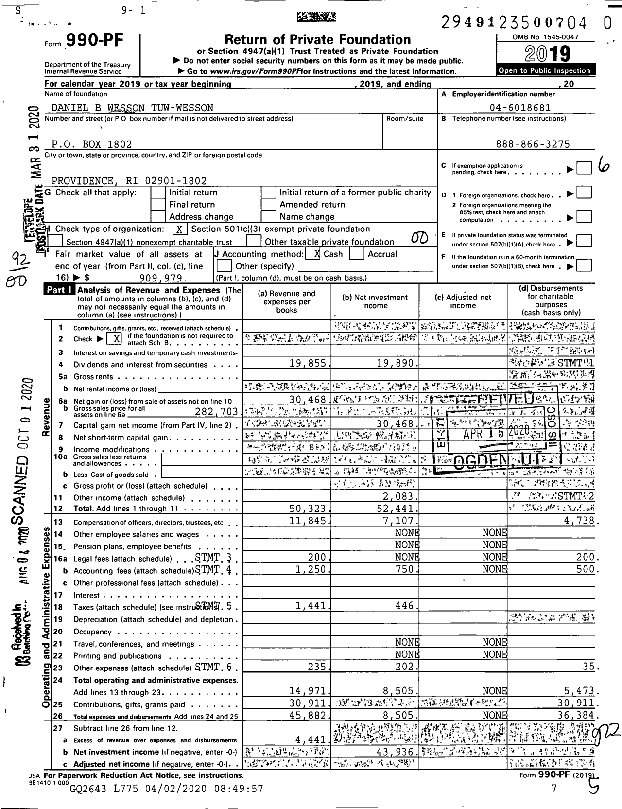 Image of first page of 2019 Form 990PR for Daniel B Wesson Tuw-Wesson