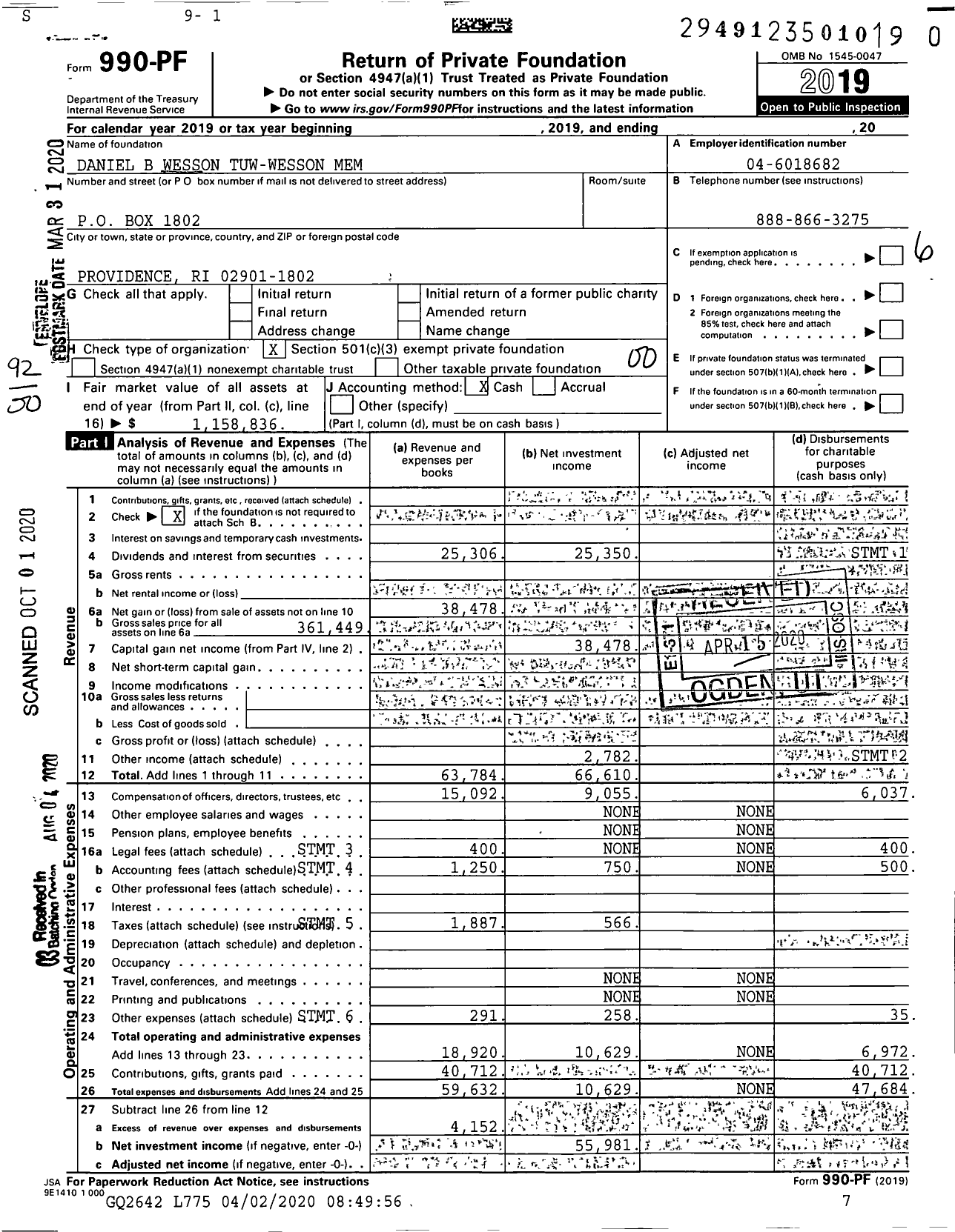 Image of first page of 2019 Form 990PR for Daniel B Wesson Tuw-Wesson Mem