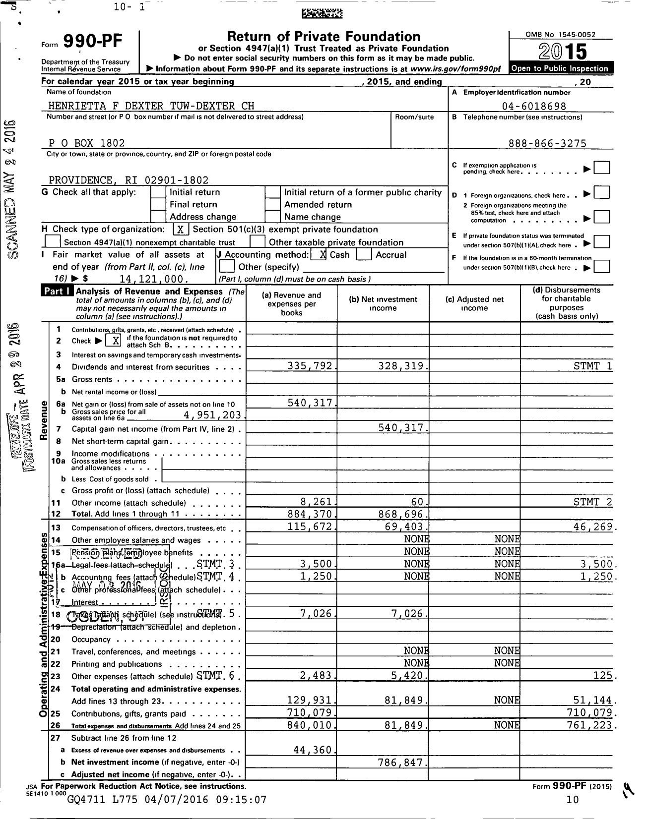 Image of first page of 2015 Form 990PF for Henrietta F Dexter Tuw-Dexter CH