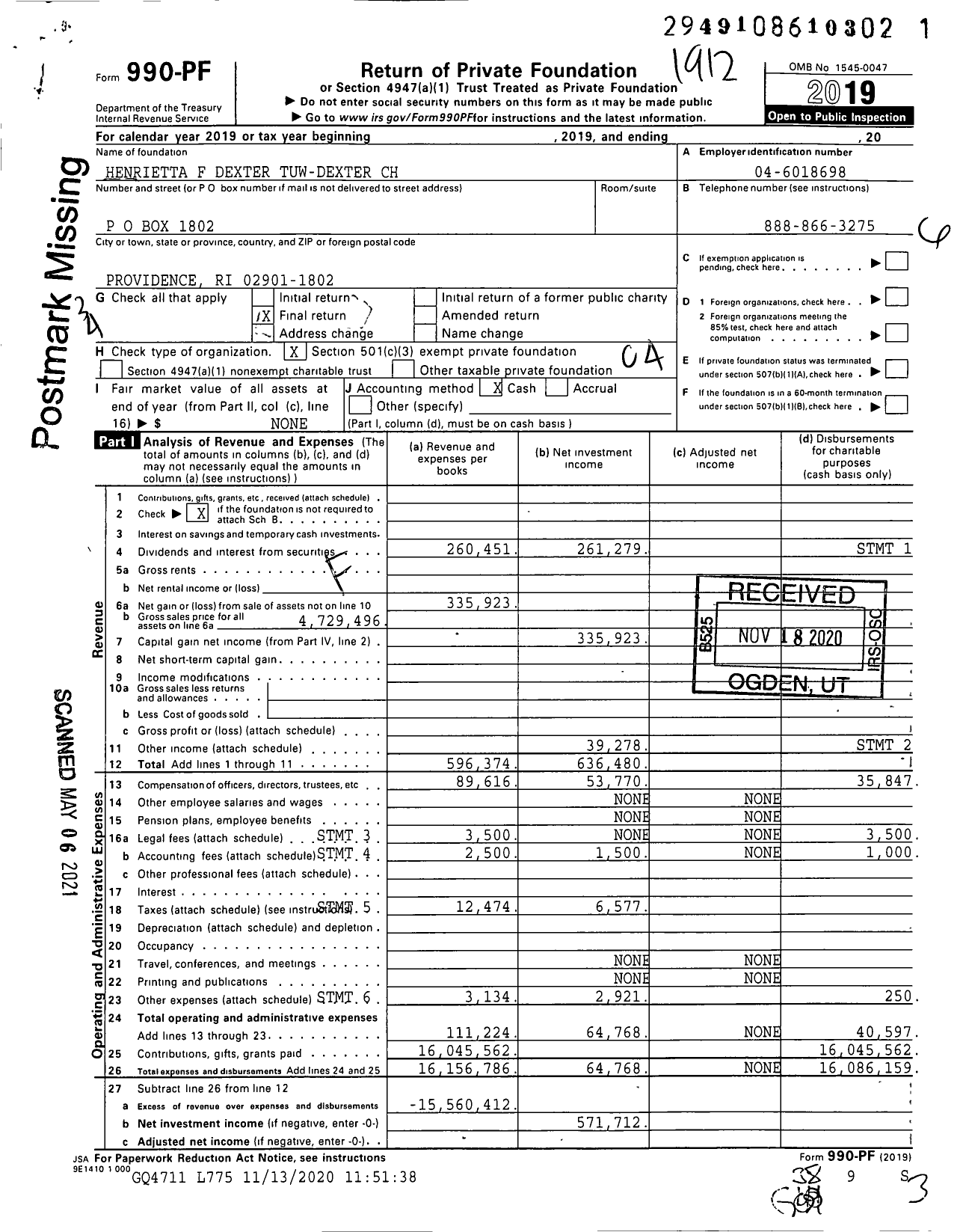 Image of first page of 2019 Form 990PF for Henrietta F Dexter Tuw-Dexter CH