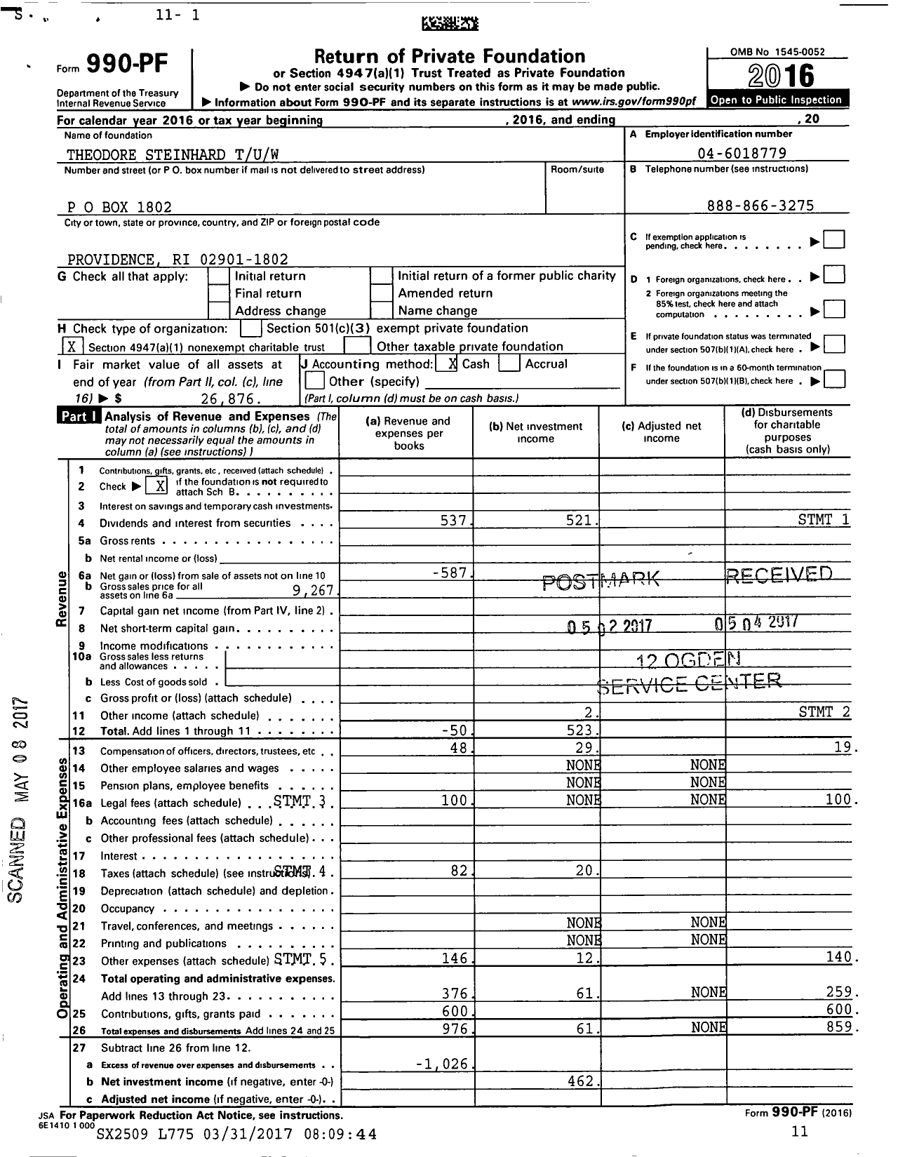 Image of first page of 2016 Form 990PF for Theodore Steinhard Tuw