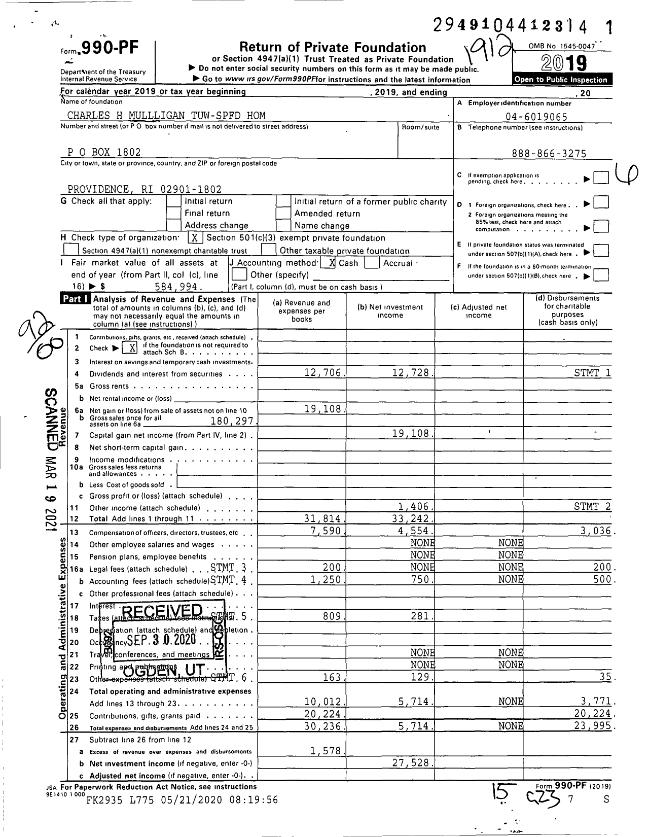 Image of first page of 2019 Form 990PF for Charles H Mullligan Tuw-Spfd Hom