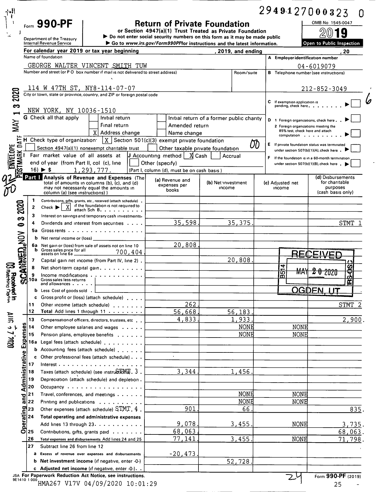 Image of first page of 2019 Form 990PF for George Walter Vincent Smith Tuw