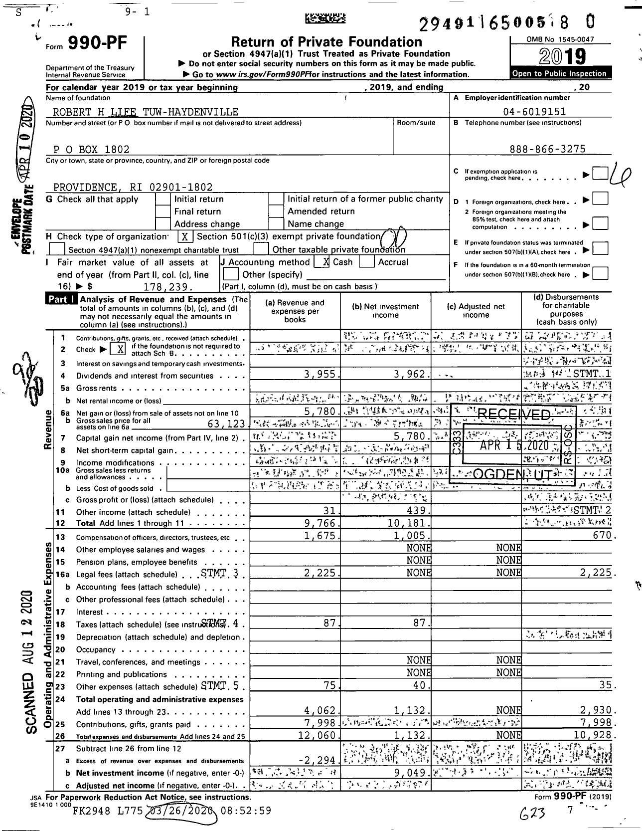 Image of first page of 2019 Form 990PR for Robert H Life Tuw-Haydenville