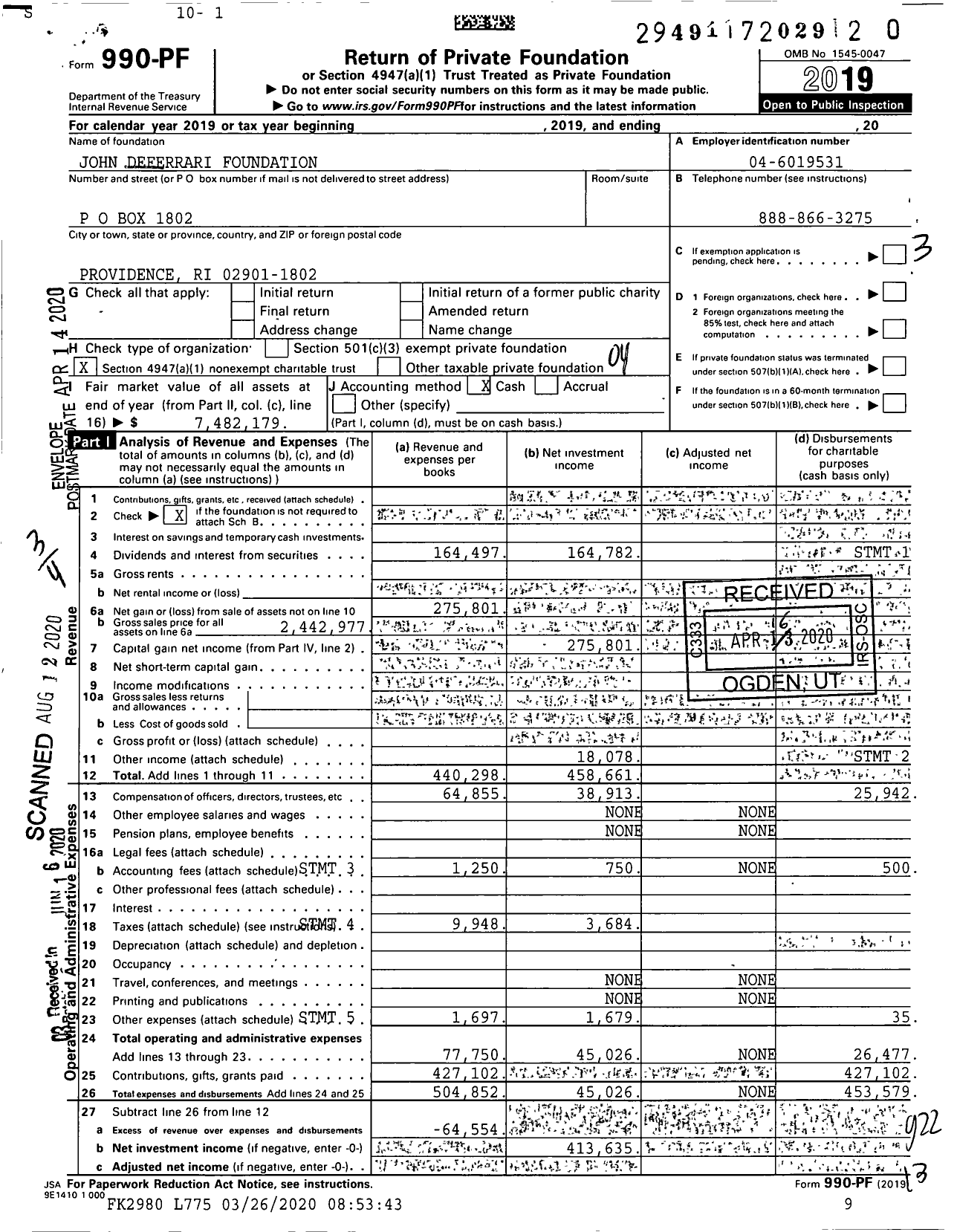 Image of first page of 2019 Form 990PR for John Deferrari Foundation