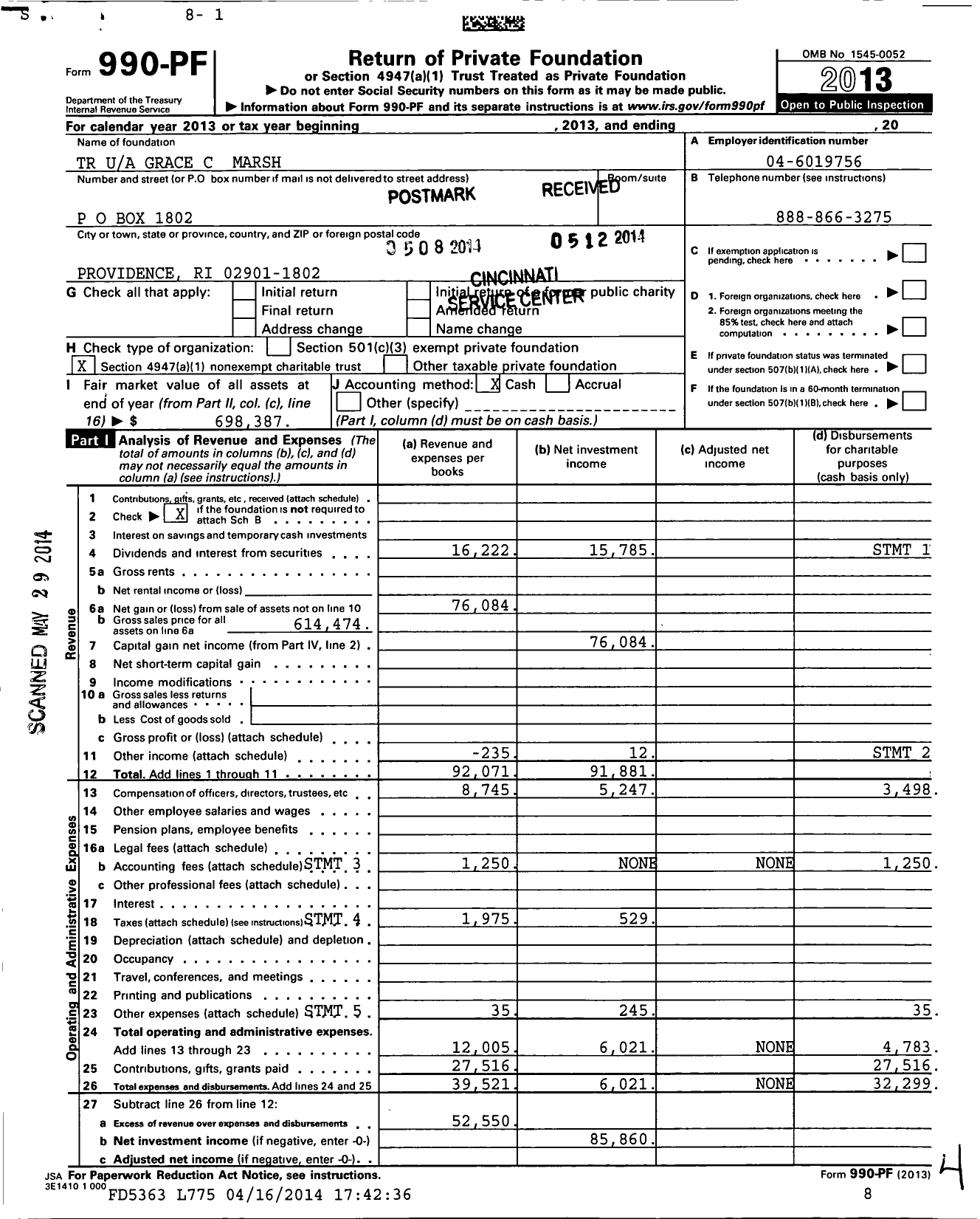 Image of first page of 2013 Form 990PF for TR Grace C Marsh