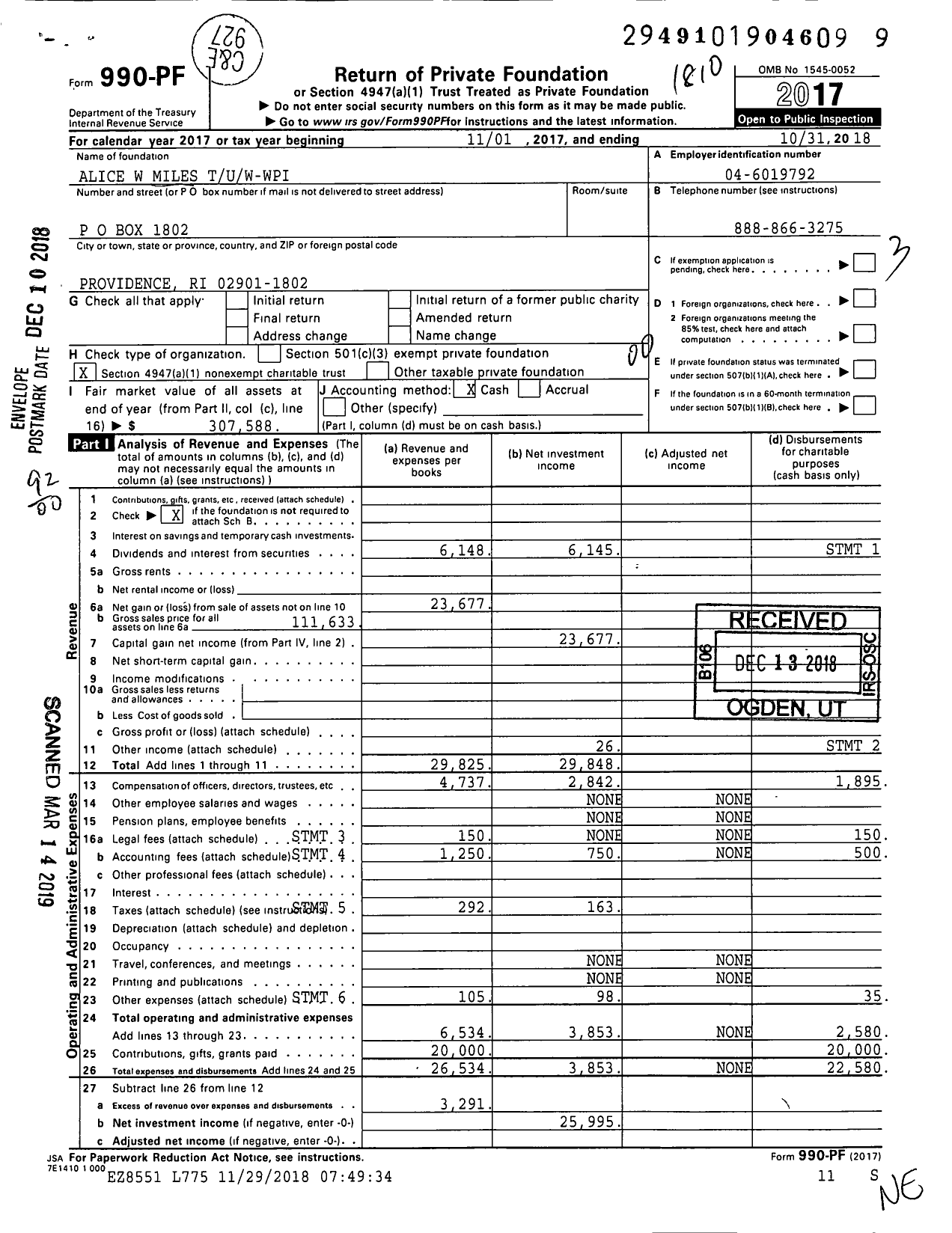 Image of first page of 2017 Form 990PF for Alice W Miles Tuw-Wpi