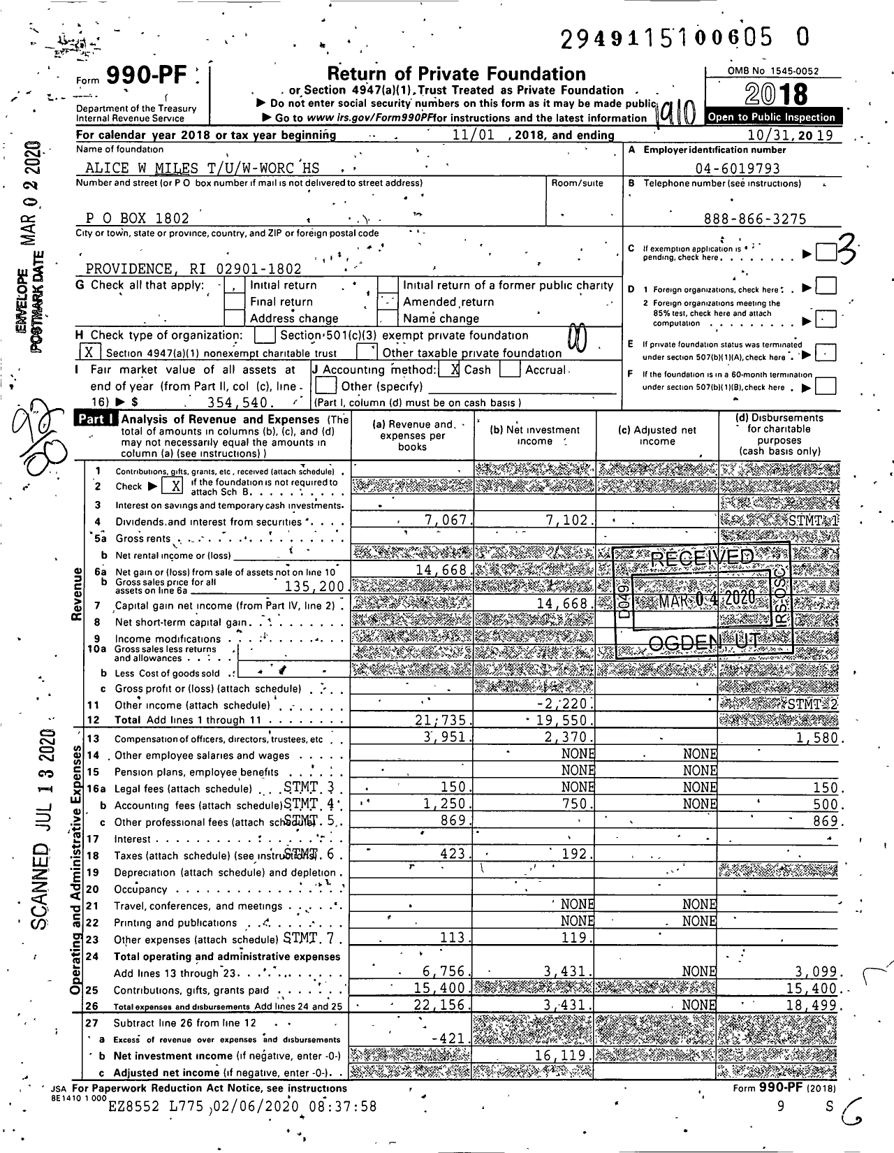 Image of first page of 2018 Form 990PR for Alice W Miles Tuw-Worc HS