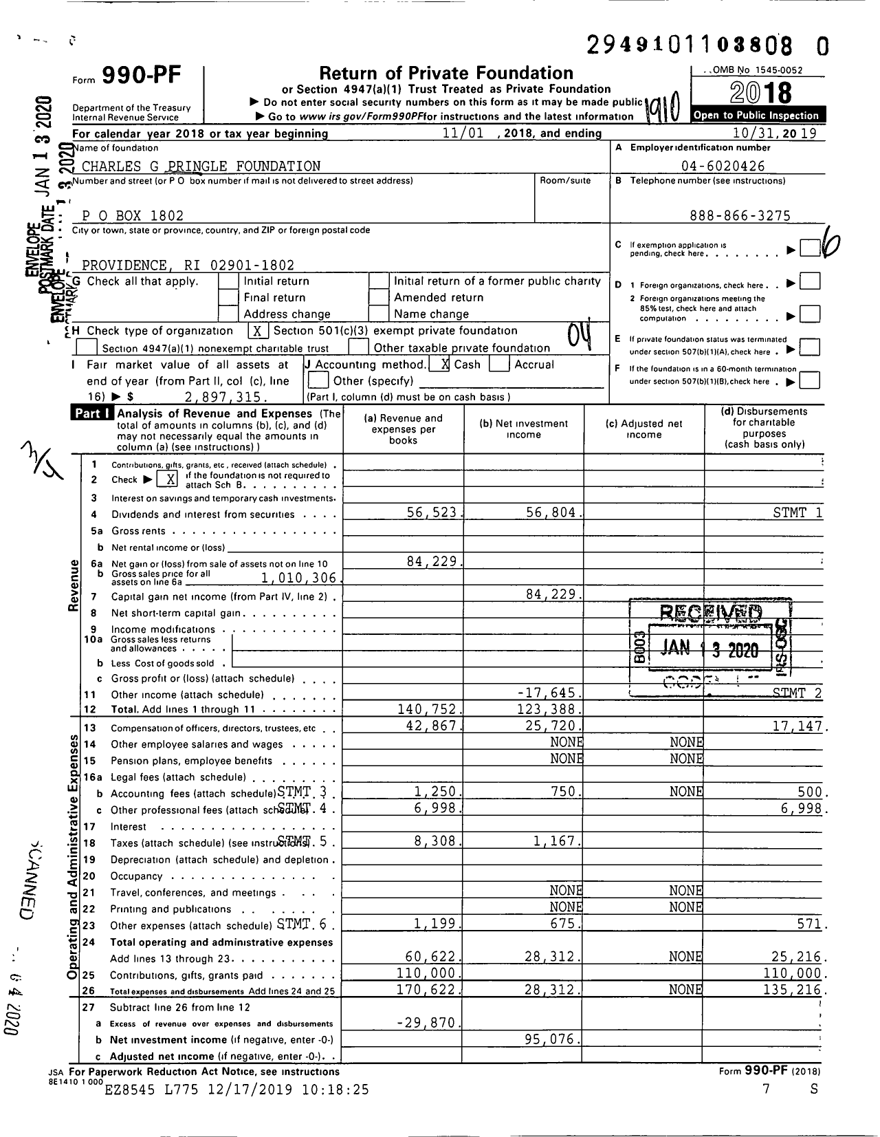 Image of first page of 2018 Form 990PR for Charles G Pringle Foundation