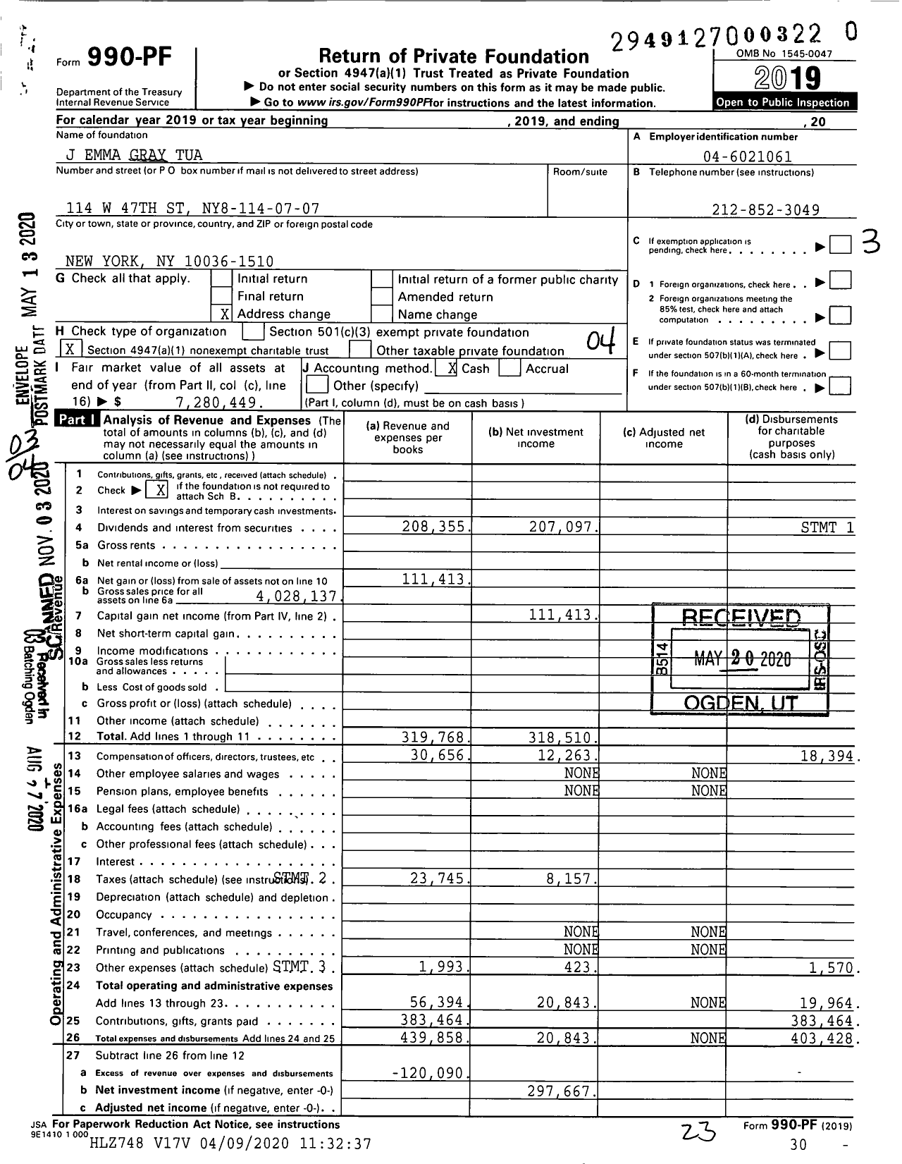 Image of first page of 2019 Form 990PF for J Emma Gray Tua