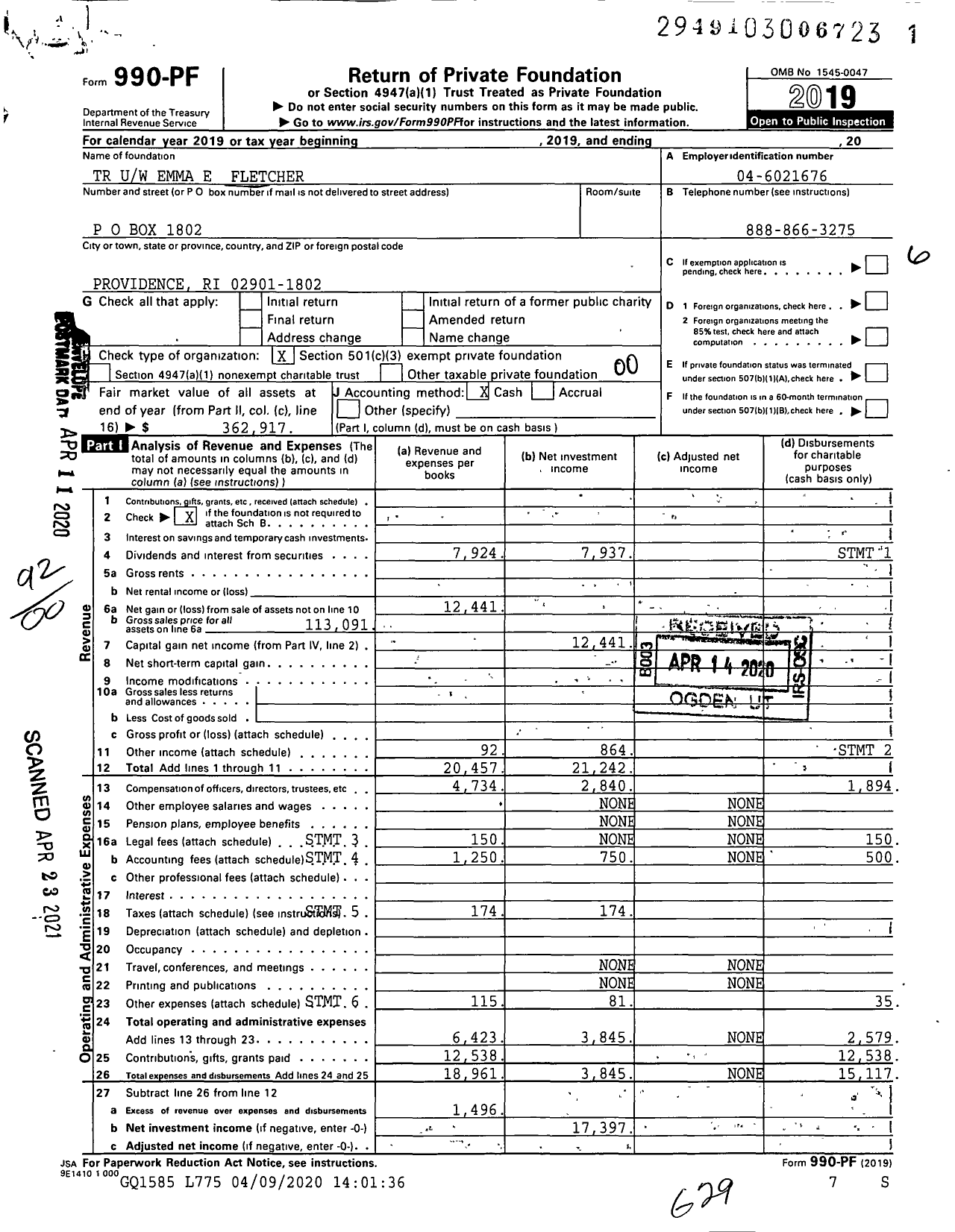 Image of first page of 2019 Form 990PF for TR Uw Emma E Fletcher