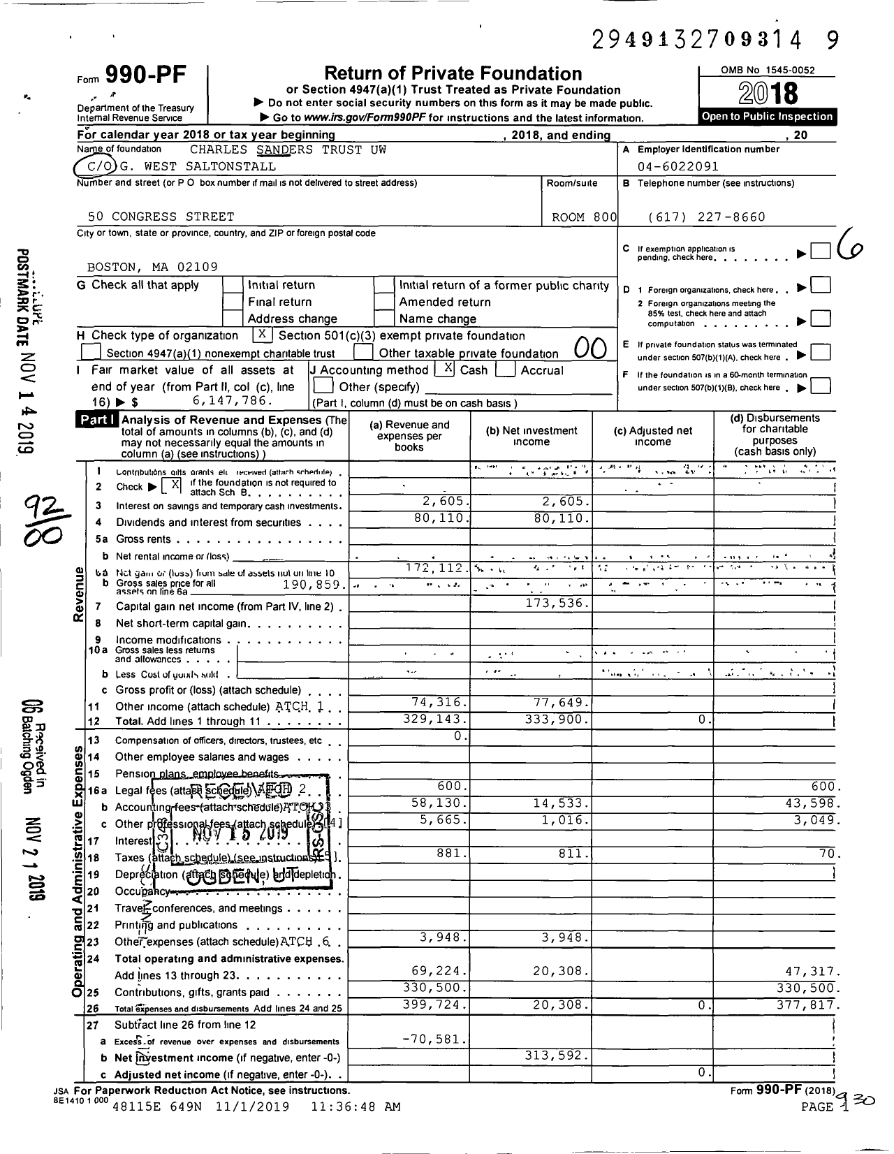 Image of first page of 2018 Form 990PF for Charles Sanders Trust Uw