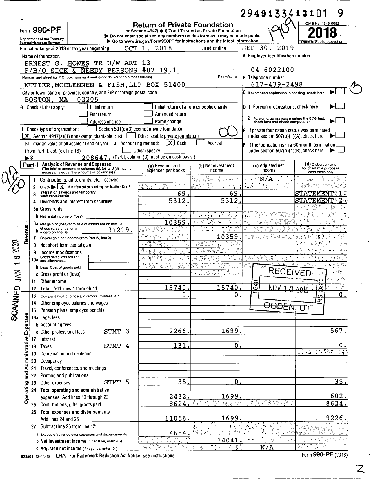 Image of first page of 2018 Form 990PF for Ernest G Howes TR Uw Art 13 Fbo / B / O Sick and Needy Persons #0711911