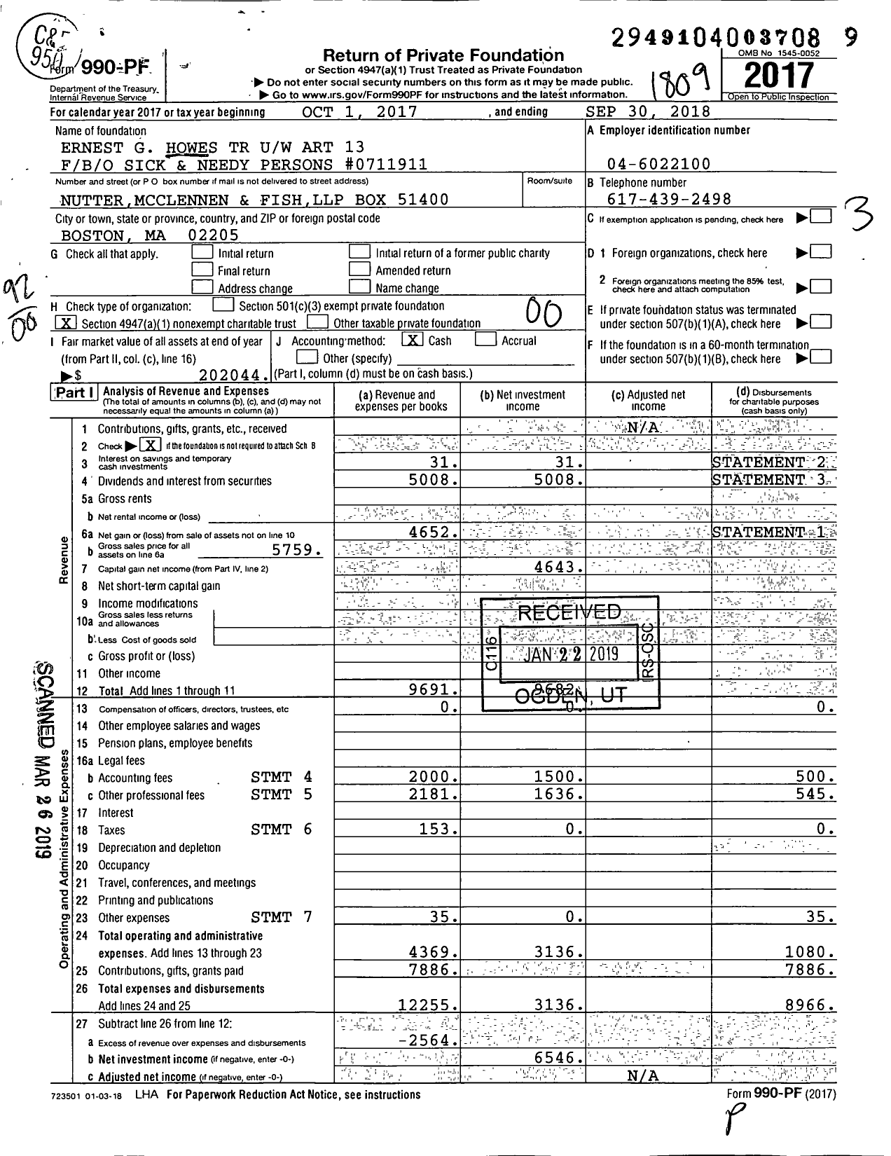 Image of first page of 2017 Form 990PF for Ernest G Howes TR Uw Art 13 Fbo / B / O Sick and Needy Persons #0711911