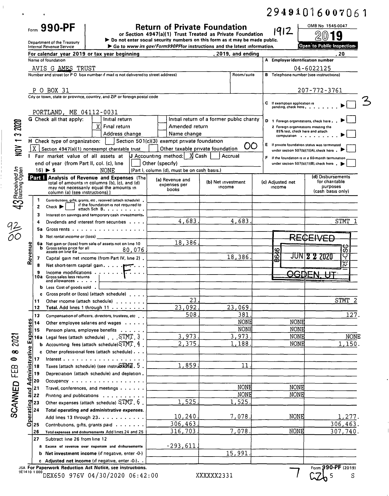 Image of first page of 2019 Form 990PF for Avis G Ames Trust / Raymond Ritchie Ttee