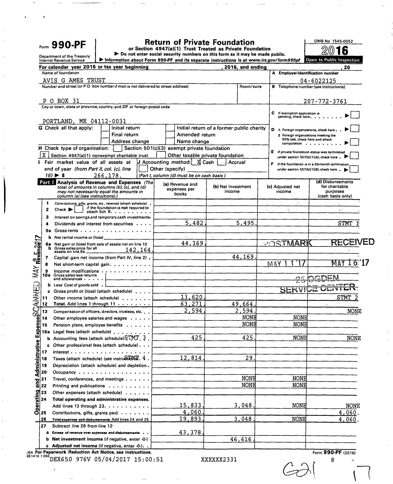 Image of first page of 2016 Form 990PF for Avis G Ames Trust / Raymond Ritchie Ttee