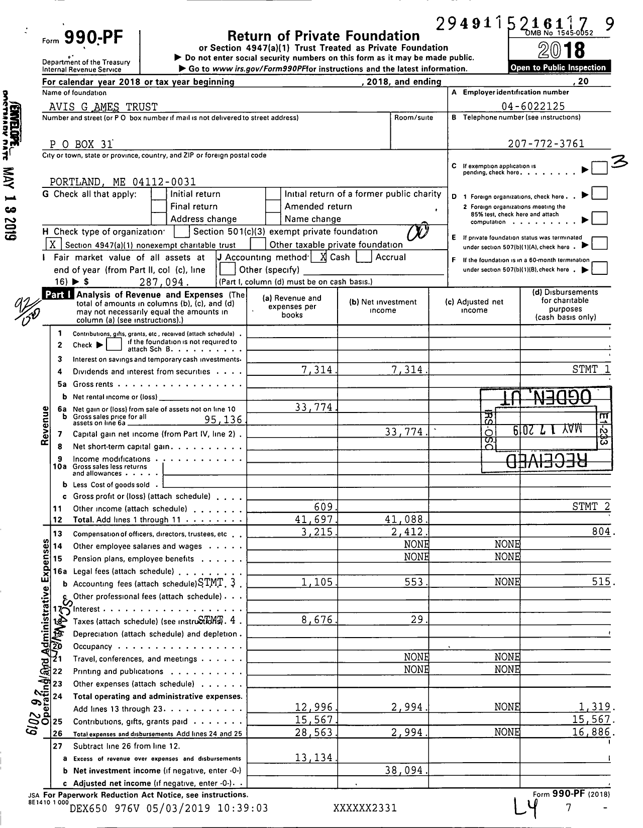 Image of first page of 2018 Form 990PF for Avis G Ames Trust / Raymond Ritchie Ttee