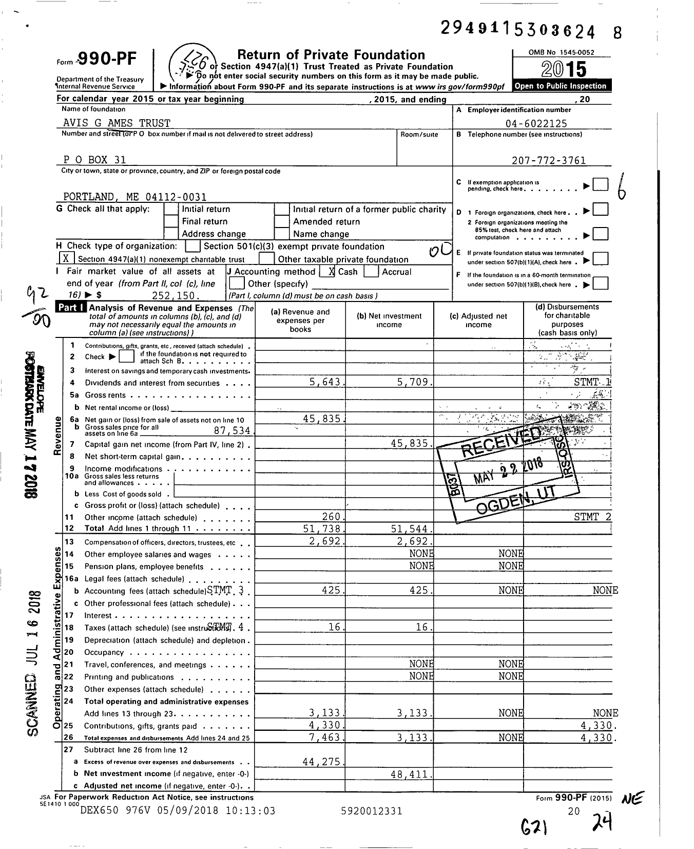 Image of first page of 2015 Form 990PF for Avis G Ames Trust / Raymond Ritchie Ttee