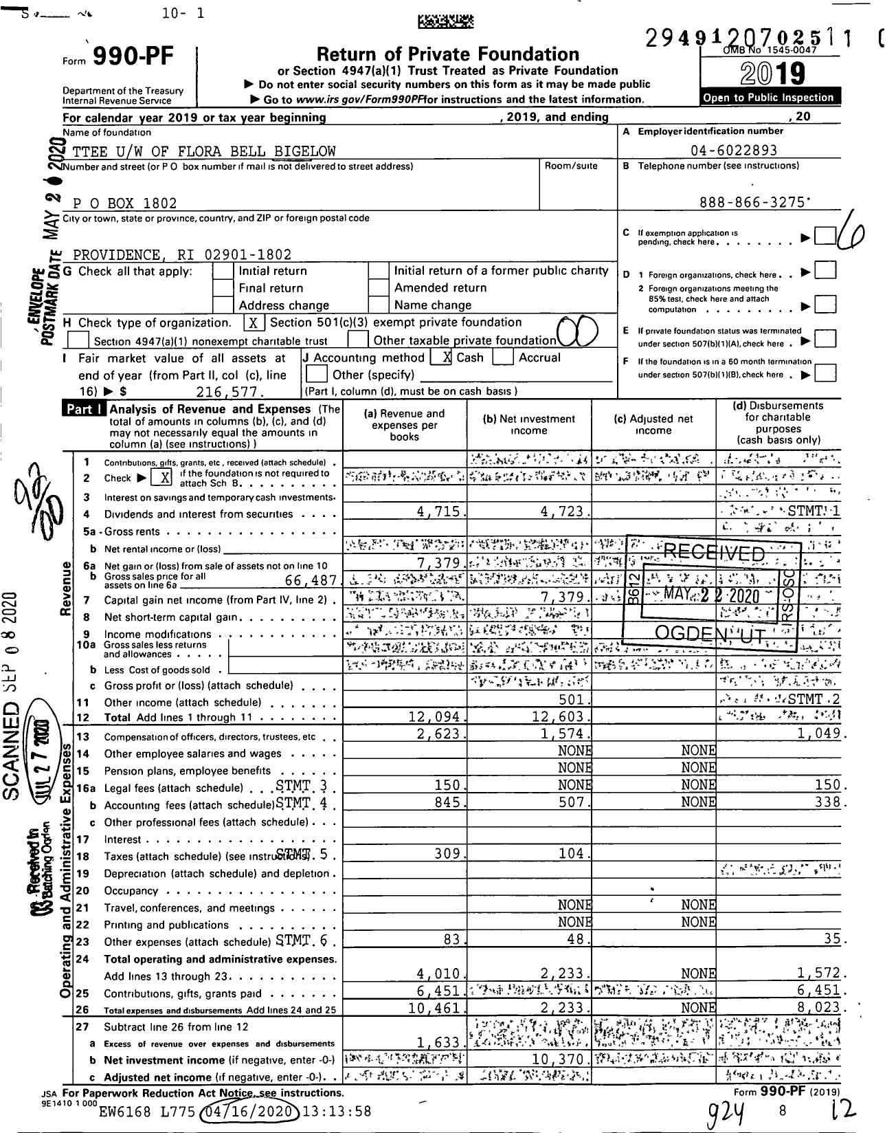 Image of first page of 2019 Form 990PR for Trustees Uw of Flora Bell Bigelow