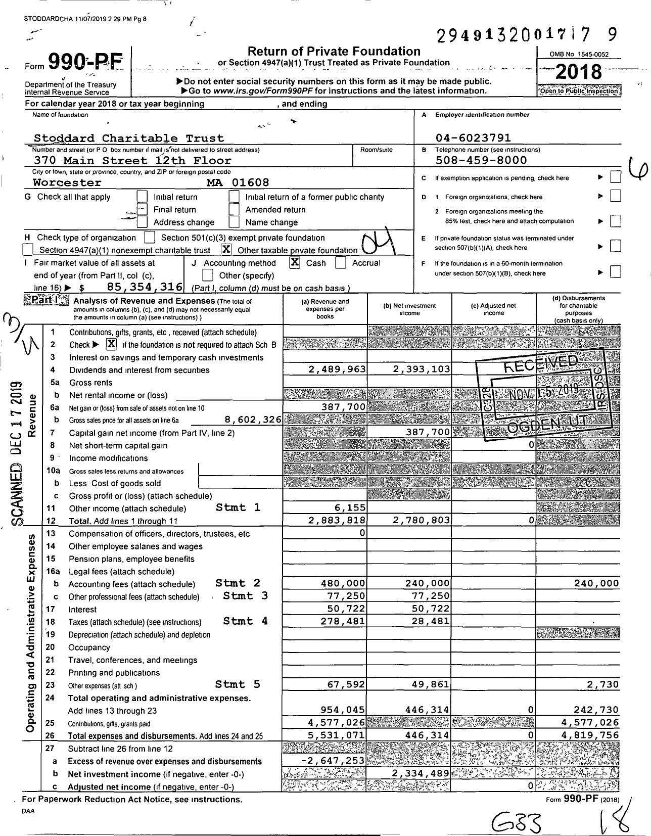 Image of first page of 2018 Form 990PF for Stoddard Charitable Trust