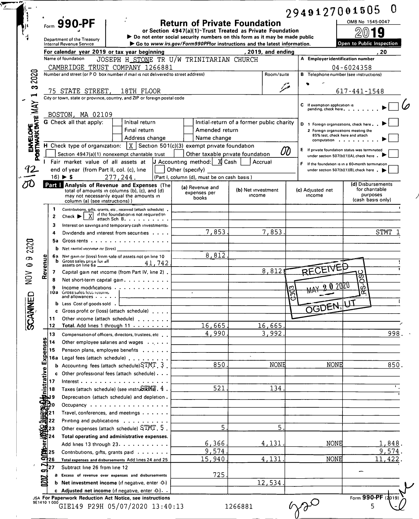 Image of first page of 2019 Form 990PF for Joseph H Stone TR Uw Trinitarian Church