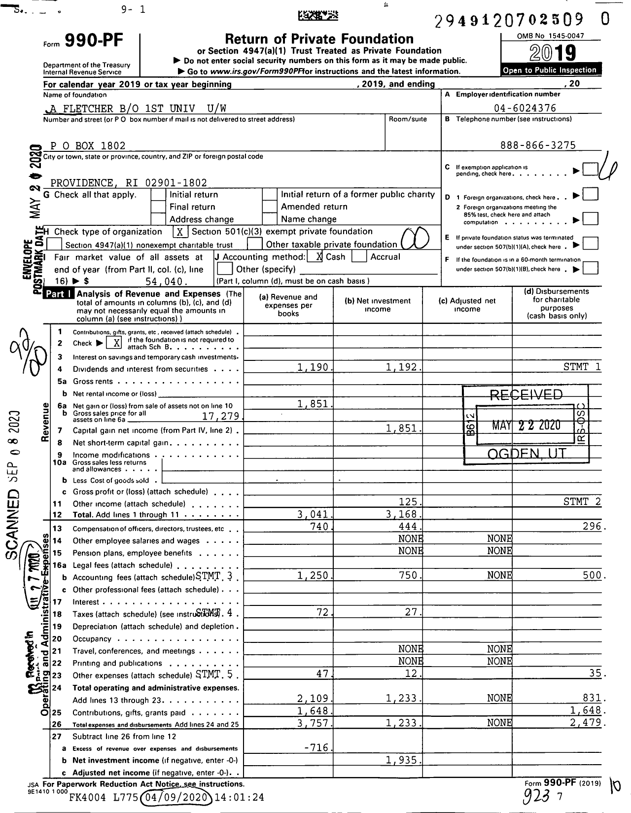 Image of first page of 2019 Form 990PR for A Fletcher Bo 1st Univ Uw