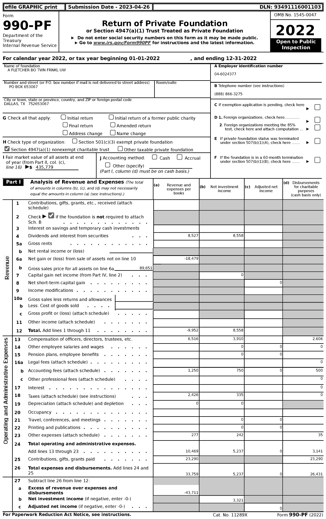 Image of first page of 2022 Form 990PF for A Fletcher Bo TWN FRNKL Uw