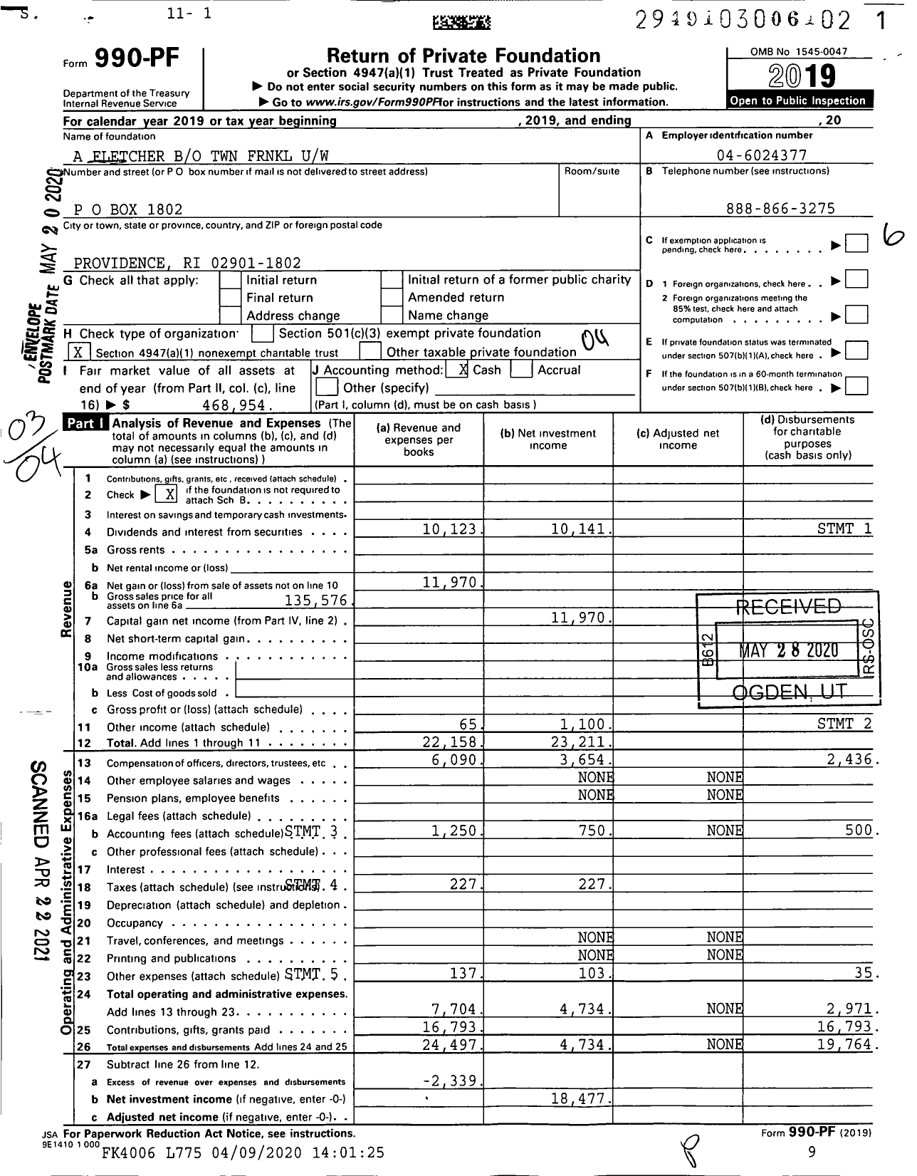 Image of first page of 2019 Form 990PF for A Fletcher Bo TWN FRNKL Uw