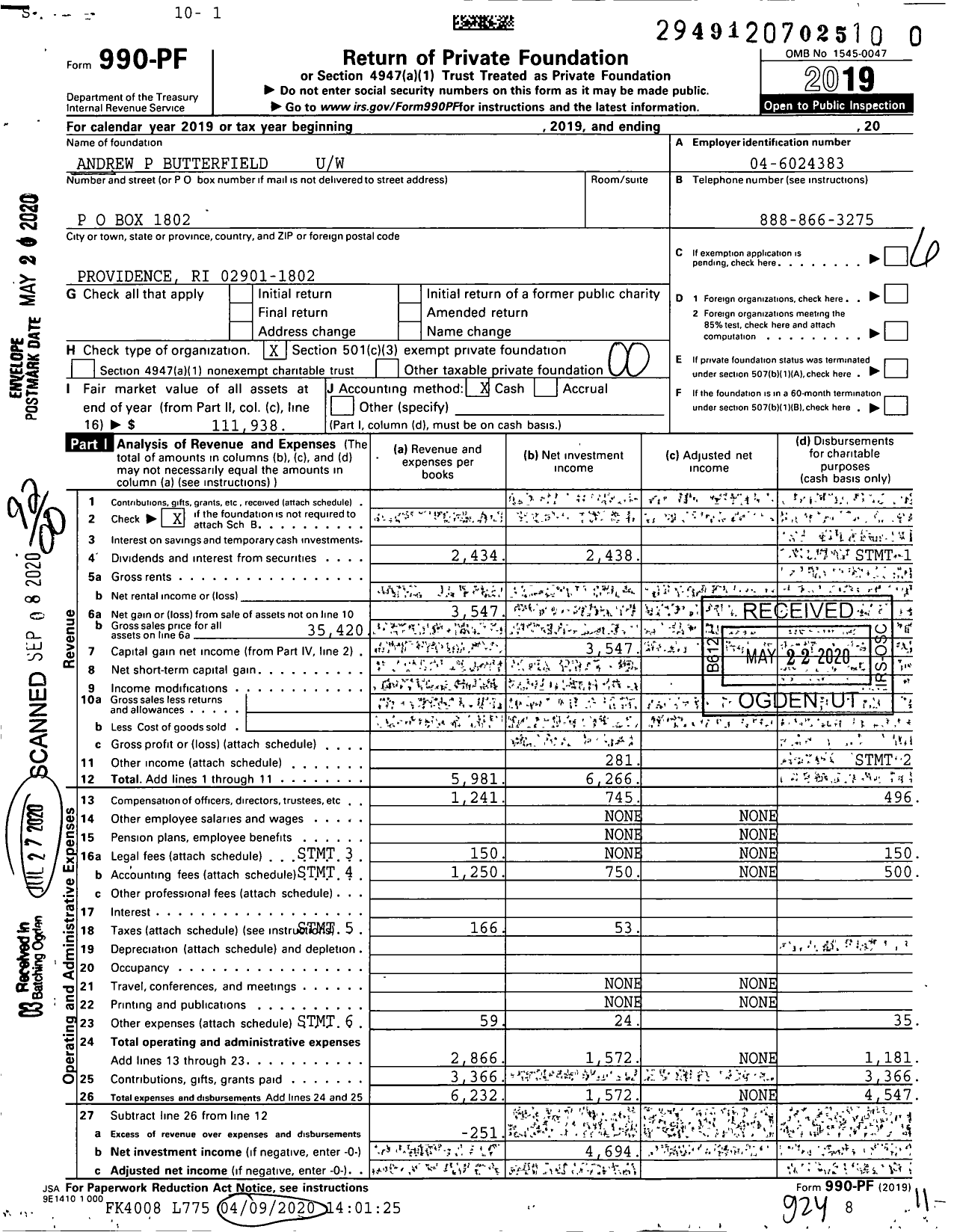 Image of first page of 2019 Form 990PR for Andrew P Butterfield Uw