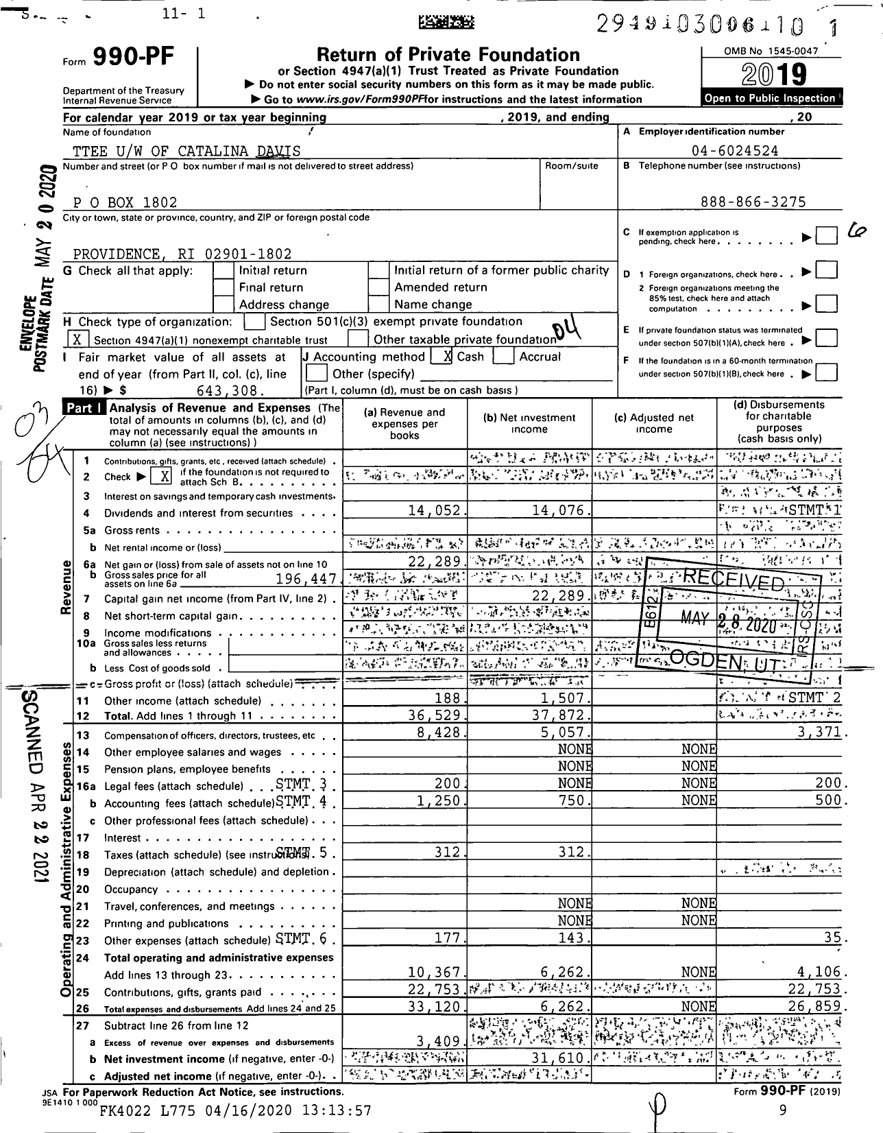 Image of first page of 2019 Form 990PF for Trustees Uw of Catalina Davis