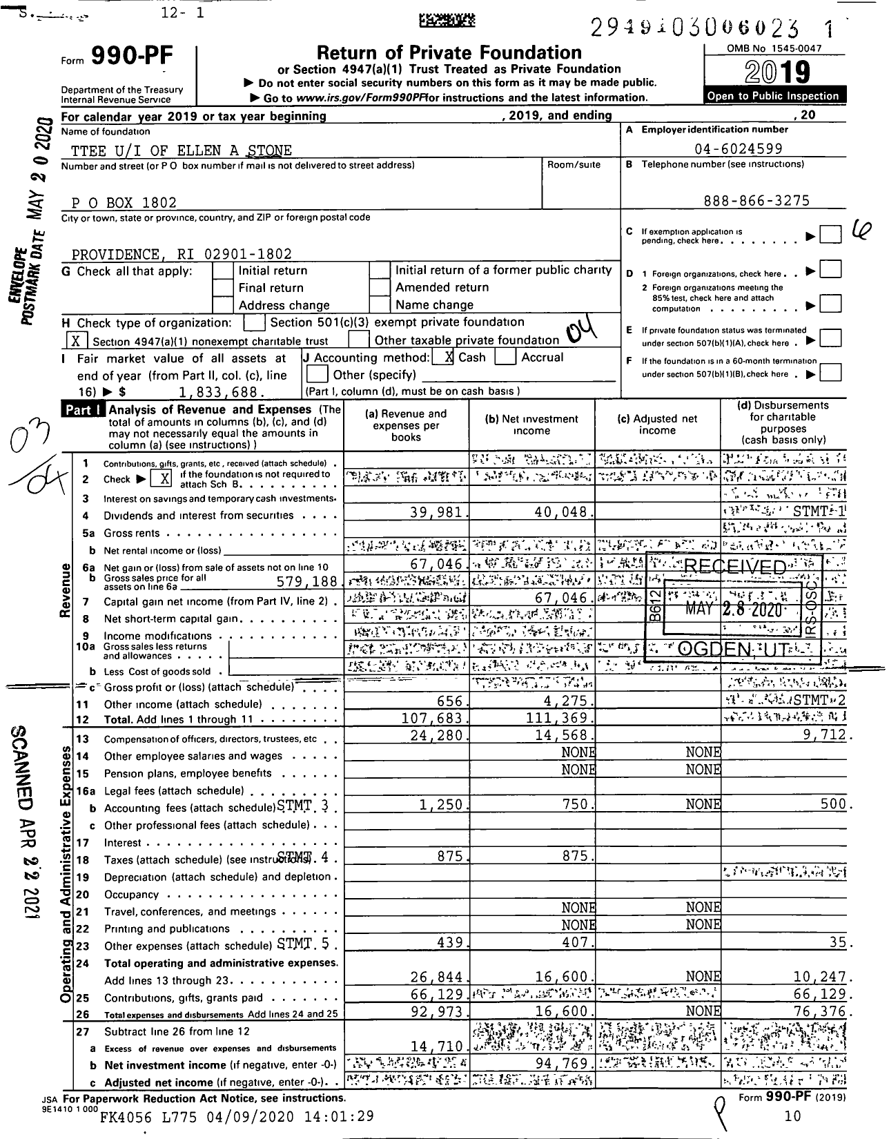 Image of first page of 2019 Form 990PF for Trustees Ui of Ellen A Stone