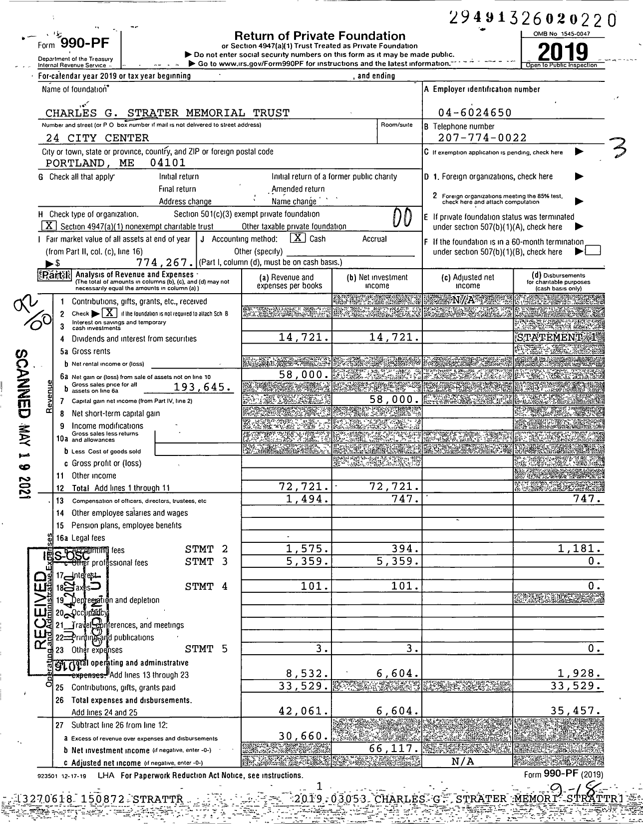 Image of first page of 2019 Form 990PF for Charles G Strater Memorial Trust