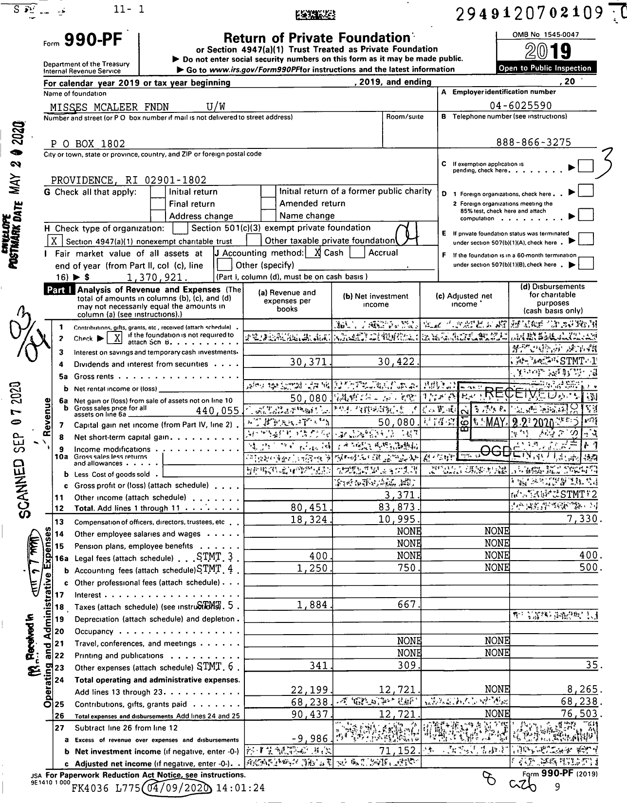 Image of first page of 2019 Form 990PR for Misses Mcaleer FNDN Uw