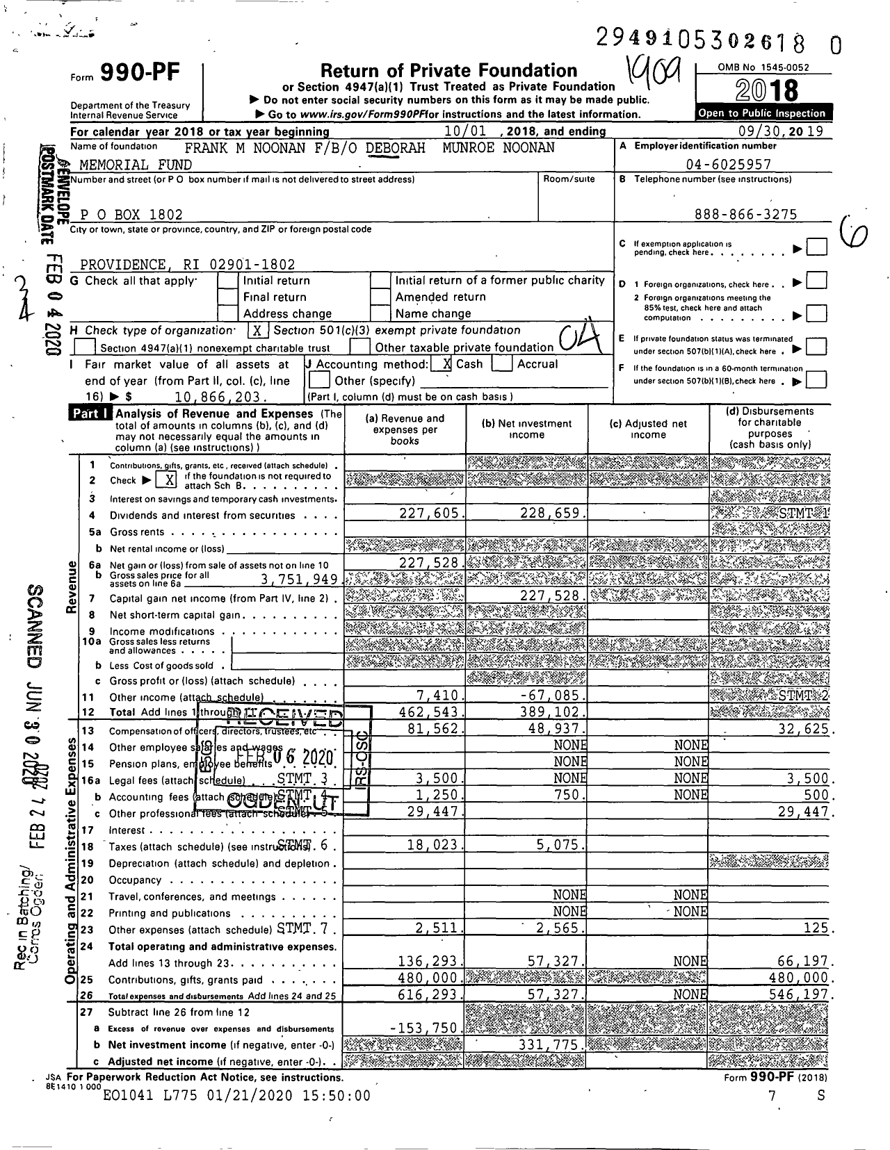 Image of first page of 2018 Form 990PR for Frank M Noonan Fbo Deborah Munroe Noonan