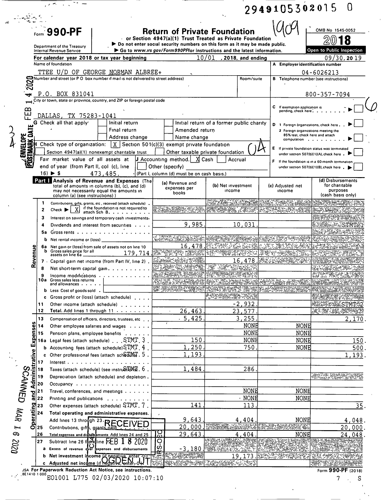 Image of first page of 2018 Form 990PR for Trustees Ud of George Norman Albree