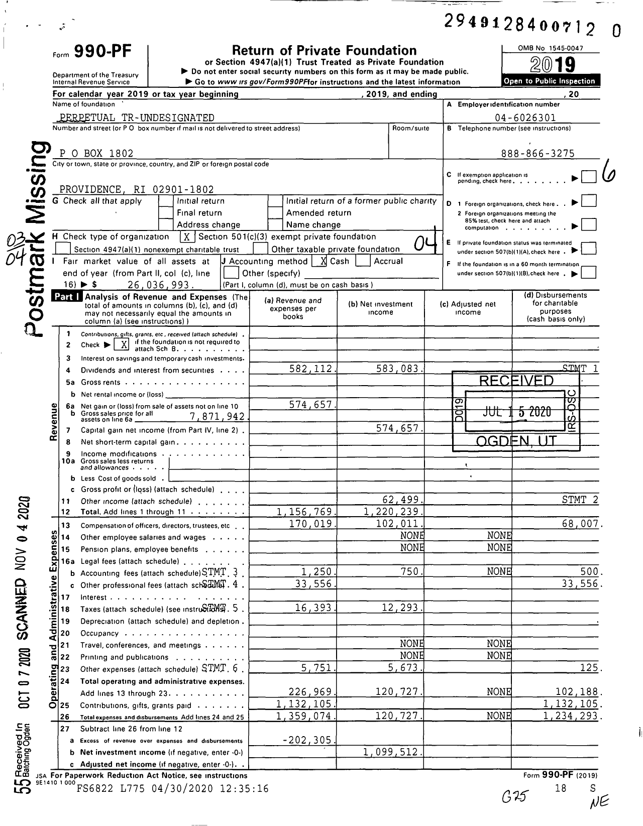 Image of first page of 2019 Form 990PF for Perpetual Tr-Undesignated