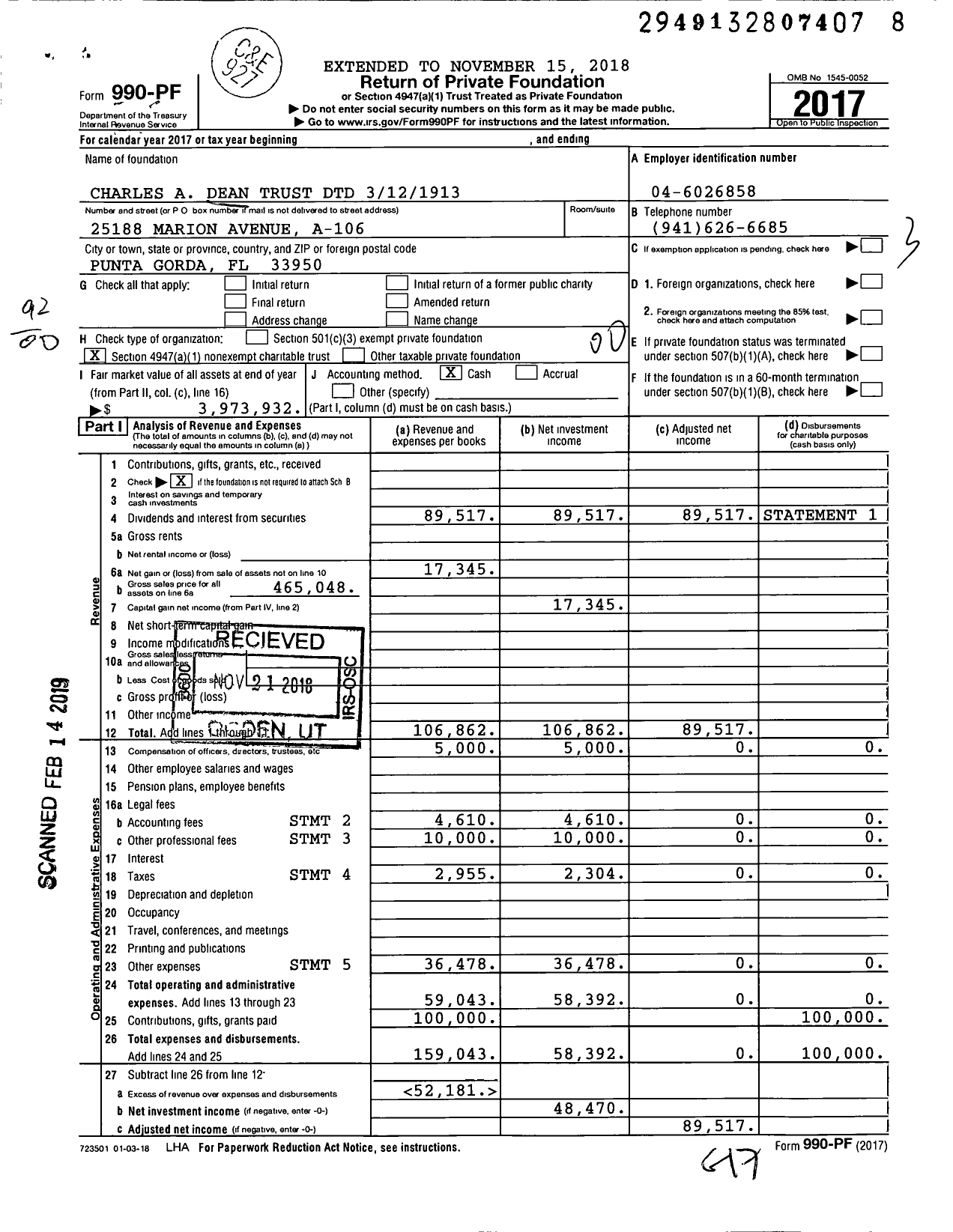 Image of first page of 2017 Form 990PF for Charles A Dean Trust DTD 3121913