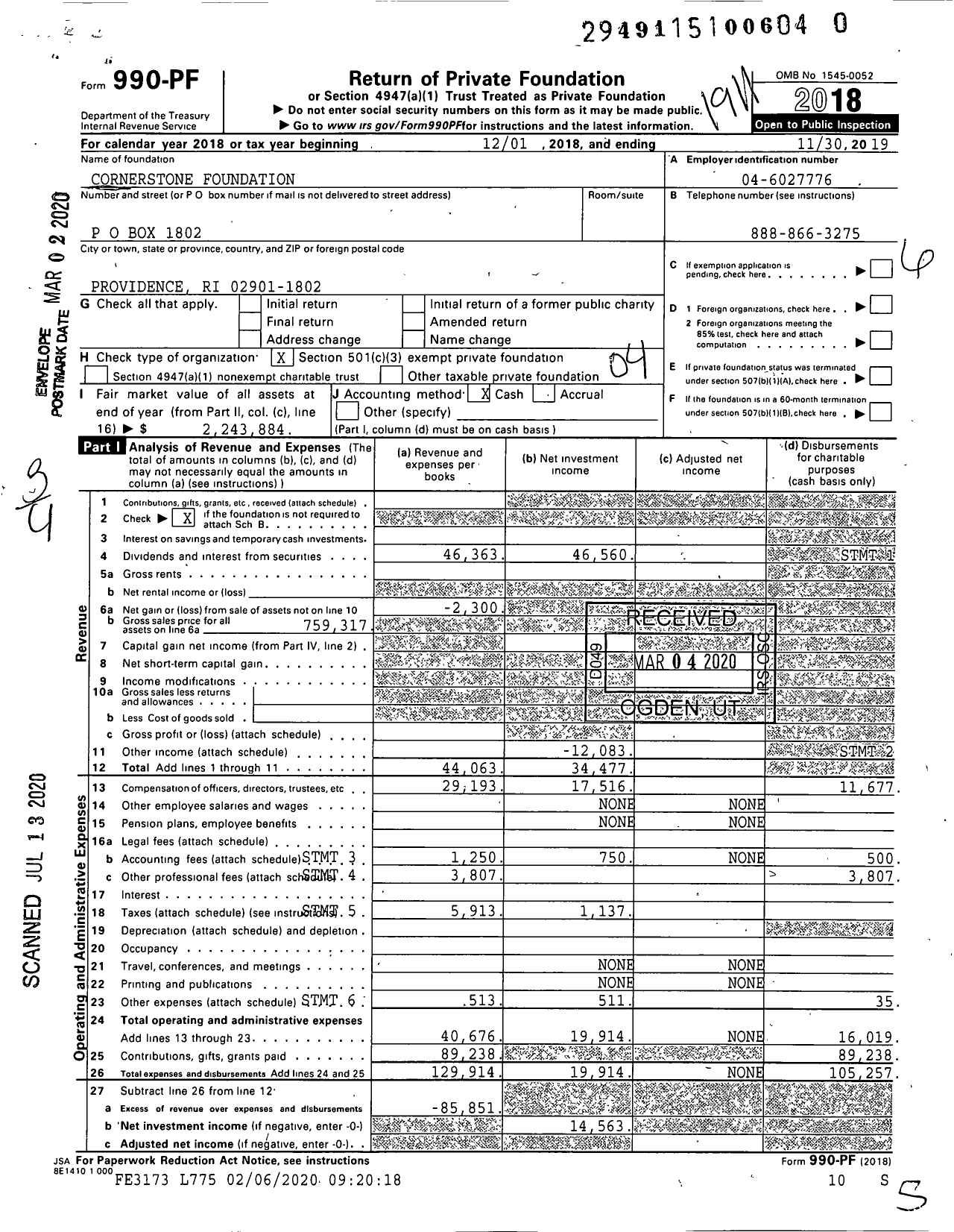 Image of first page of 2018 Form 990PR for Cornerstone Foundation