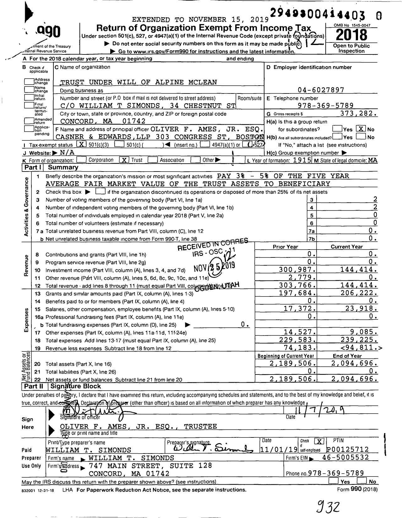 Image of first page of 2018 Form 990 for Trust Under Will of Alpine Mclean