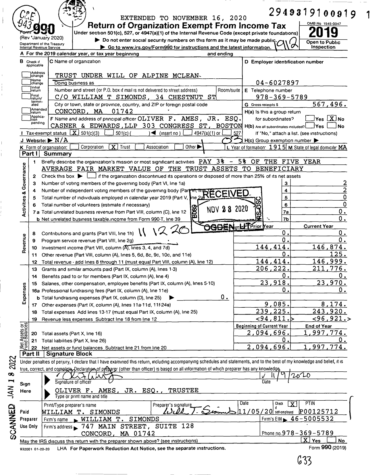 Image of first page of 2019 Form 990 for Trust Under Will of Alpine Mclean