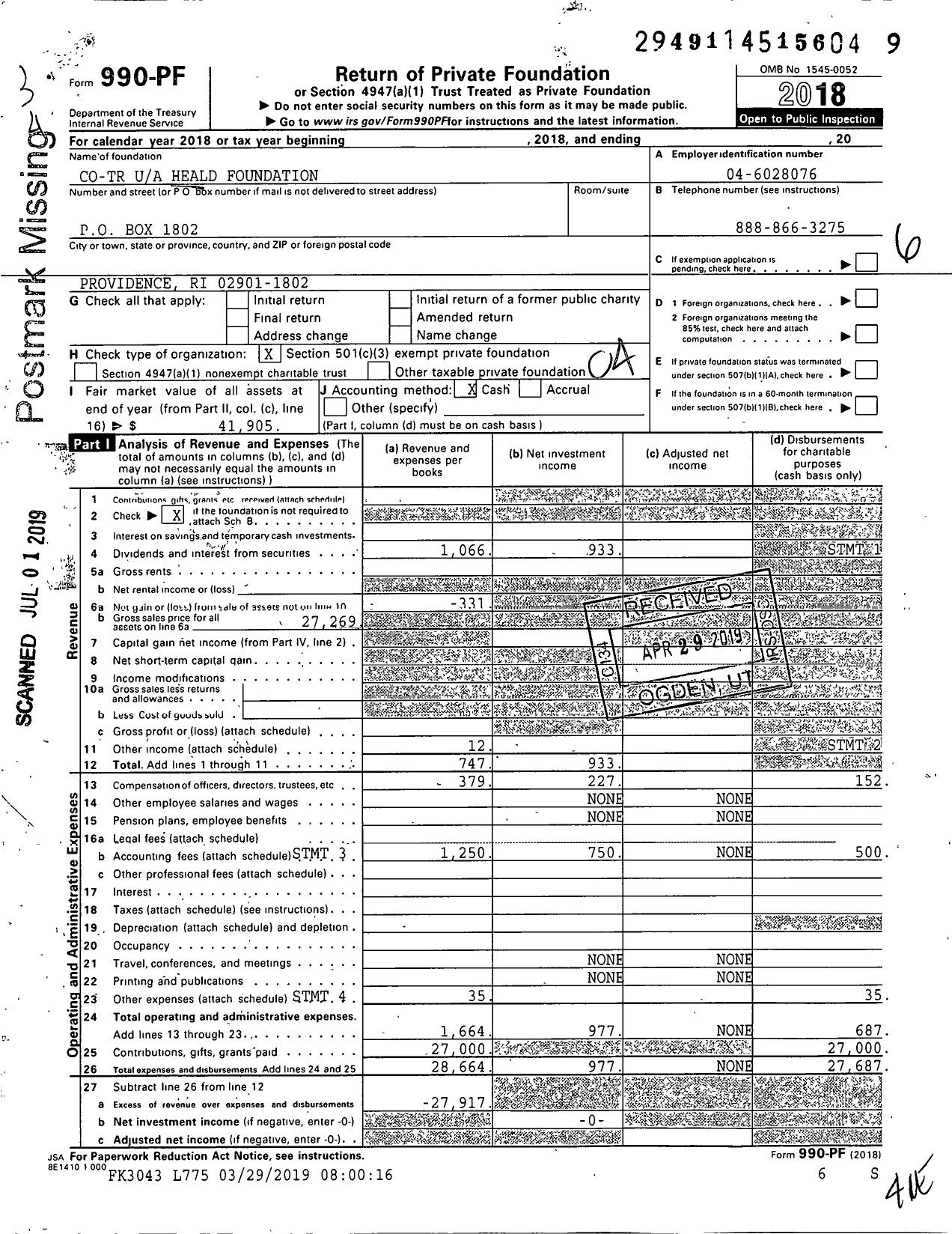 Image of first page of 2018 Form 990PF for Co-Tr Heald Foundation