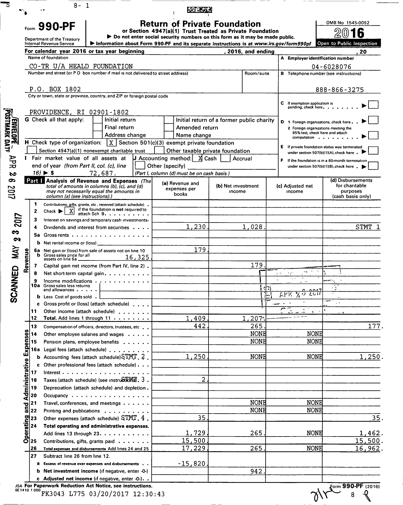 Image of first page of 2016 Form 990PF for Co-Tr Heald Foundation