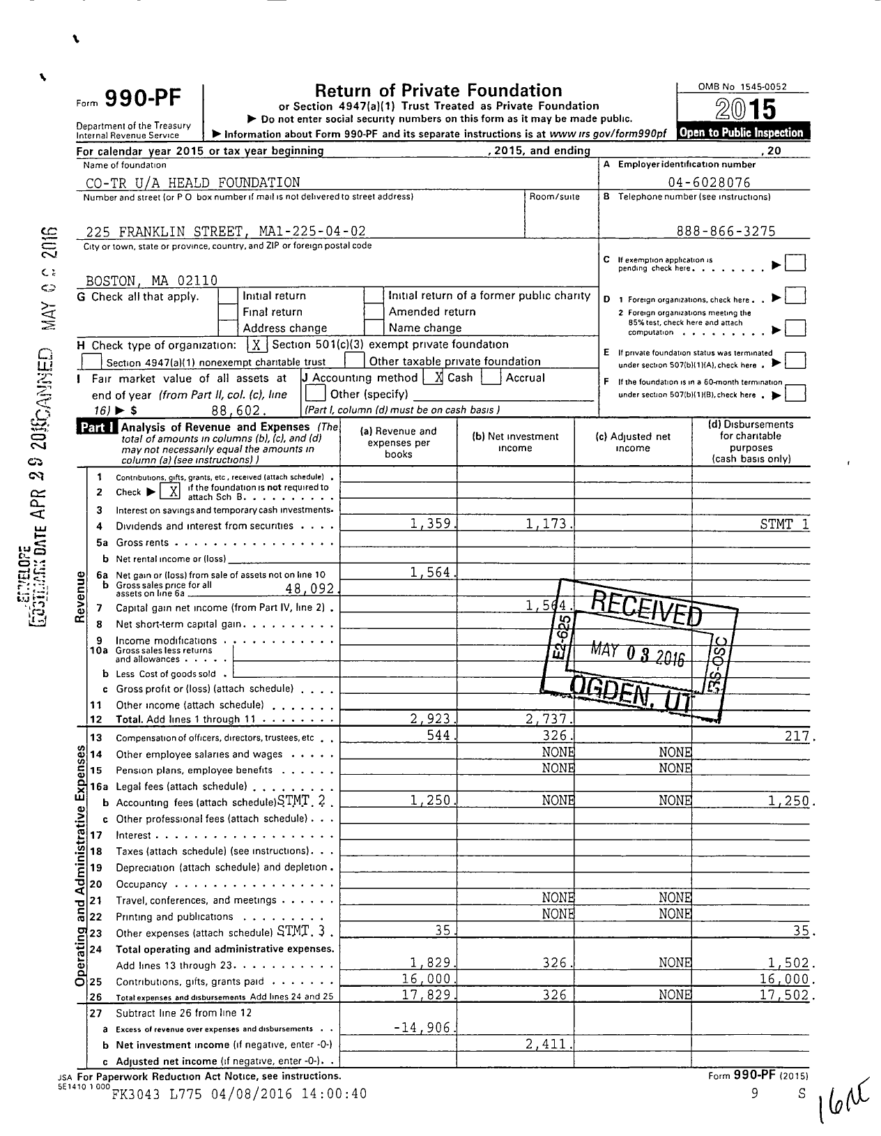 Image of first page of 2015 Form 990PF for Co-Tr Heald Foundation
