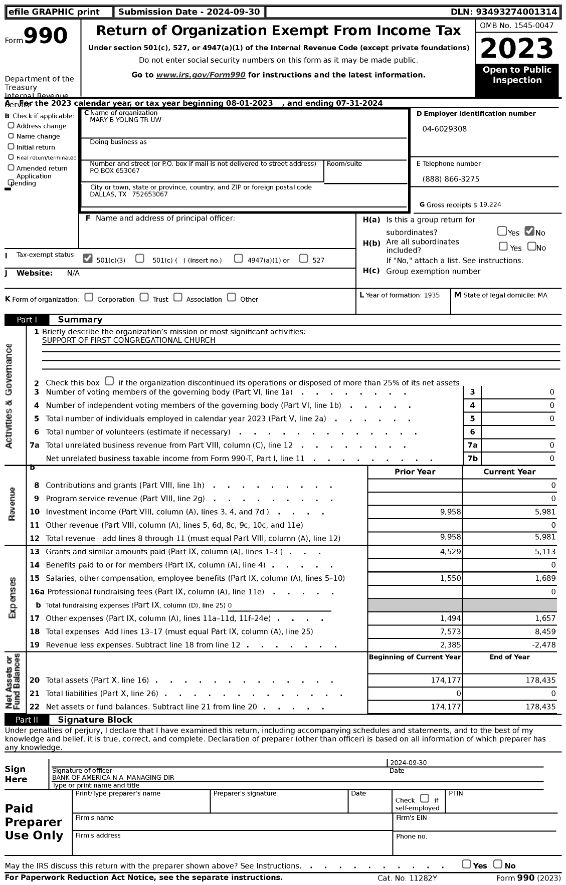 Image of first page of 2023 Form 990 for Mary B Young TR Uw