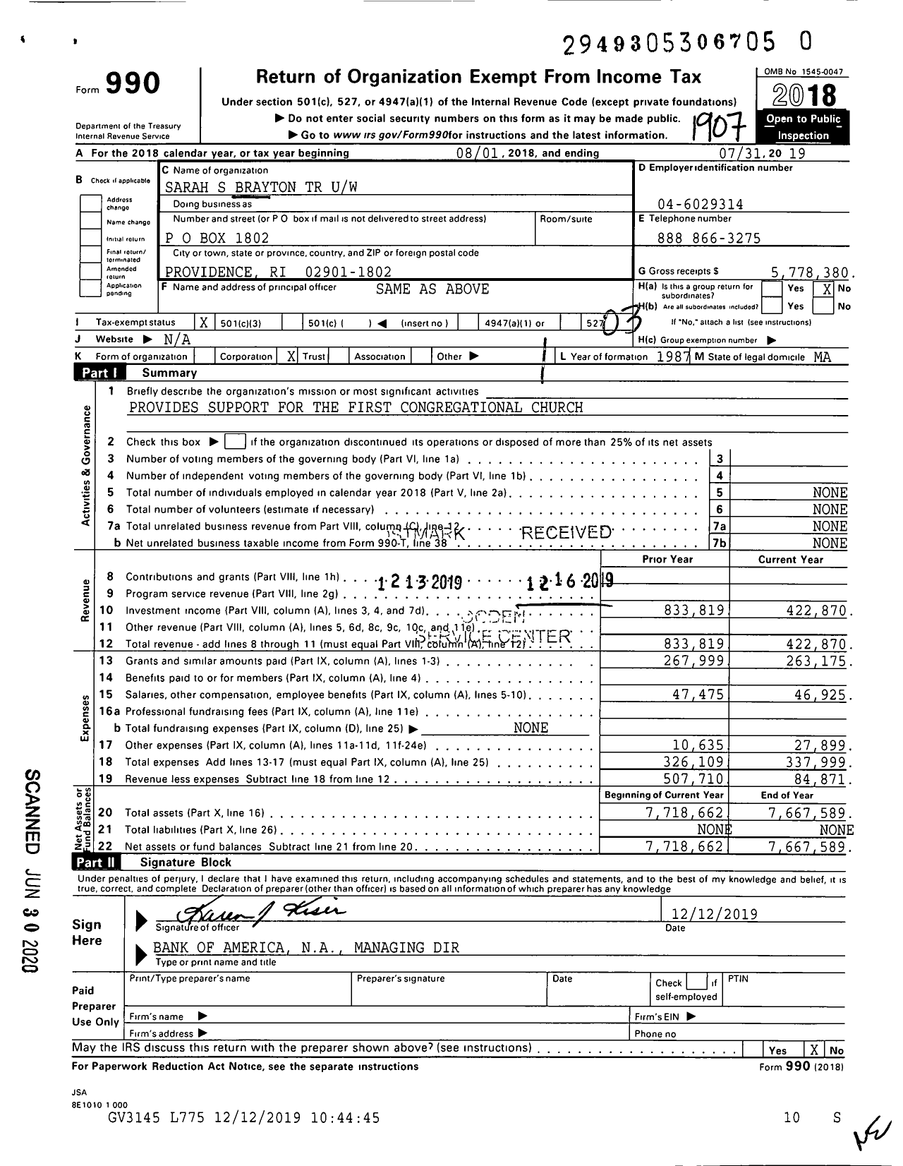 Image of first page of 2018 Form 990 for Sarah S Brayton TR Uw