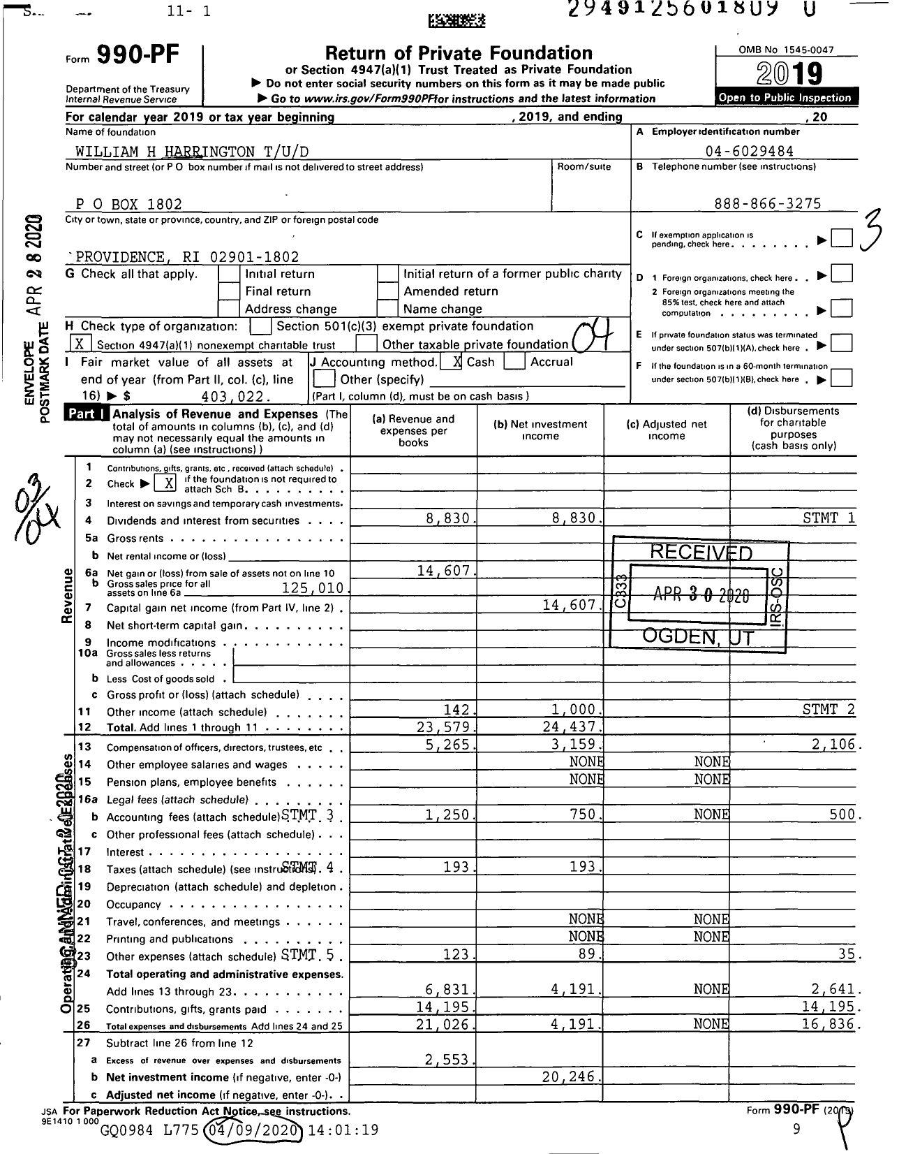 Image of first page of 2019 Form 990PR for William H Harrington Tud