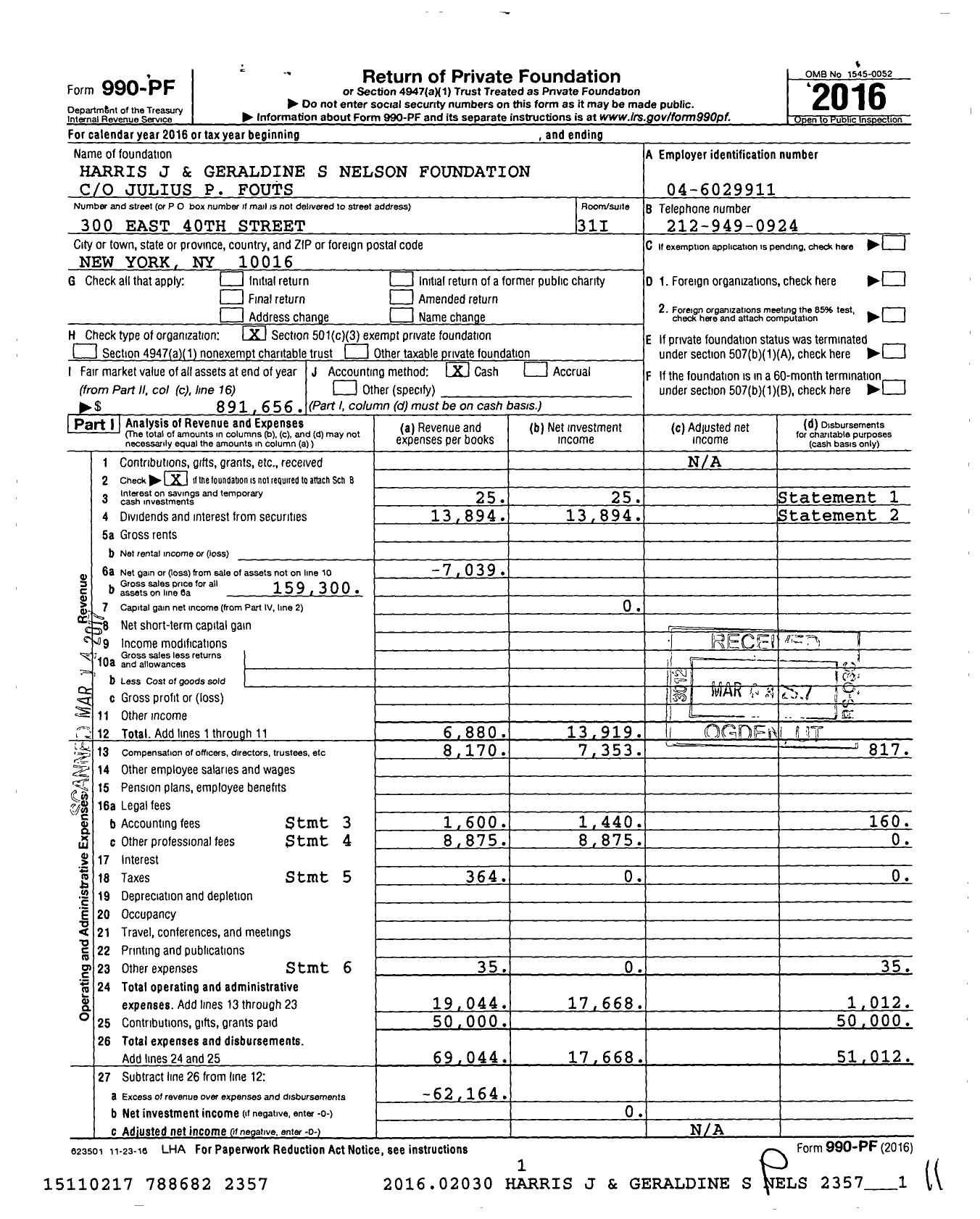 Image of first page of 2016 Form 990PF for Harris J and Geraldine S Nelson Foundation