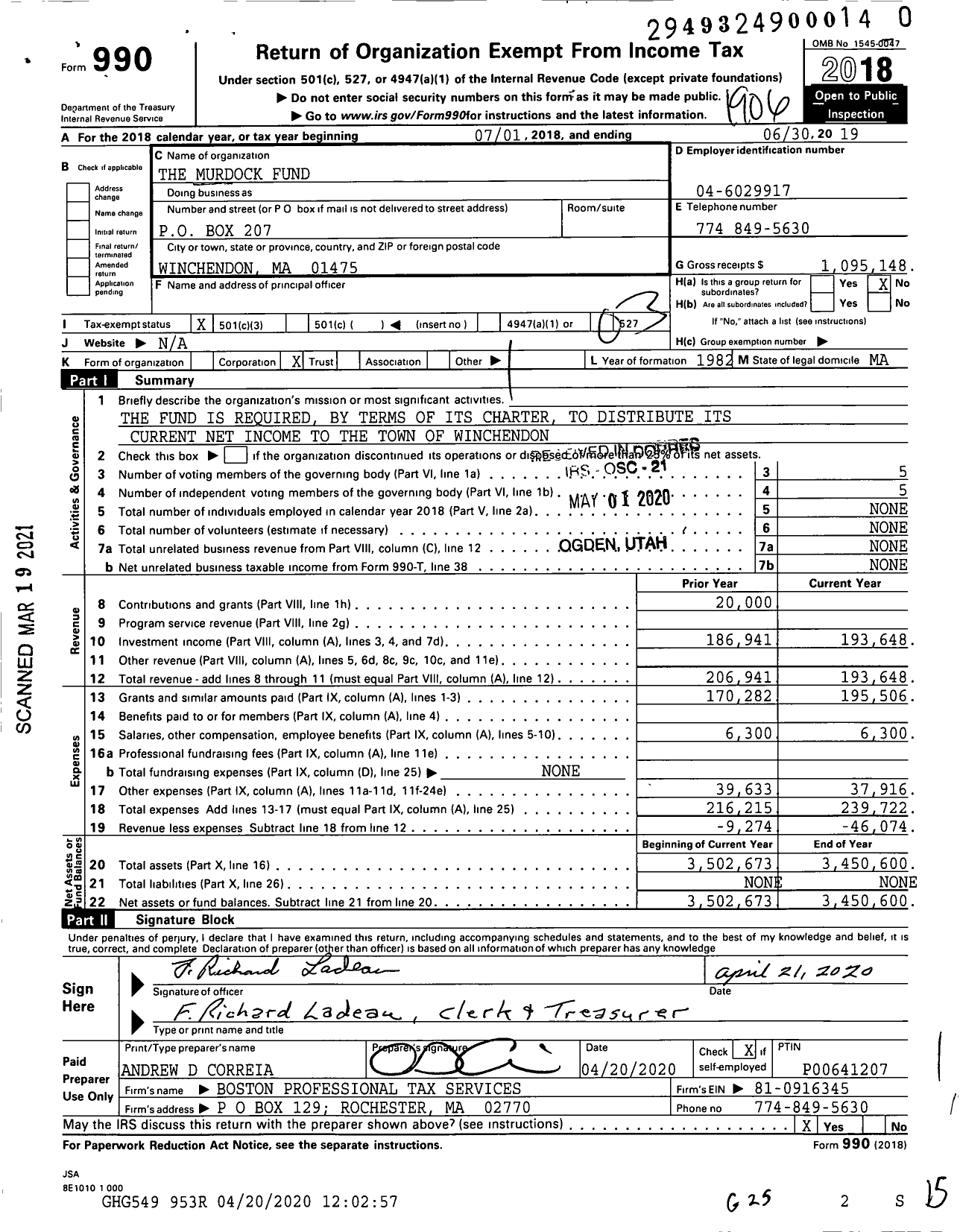 Image of first page of 2018 Form 990 for The Murdock Fund