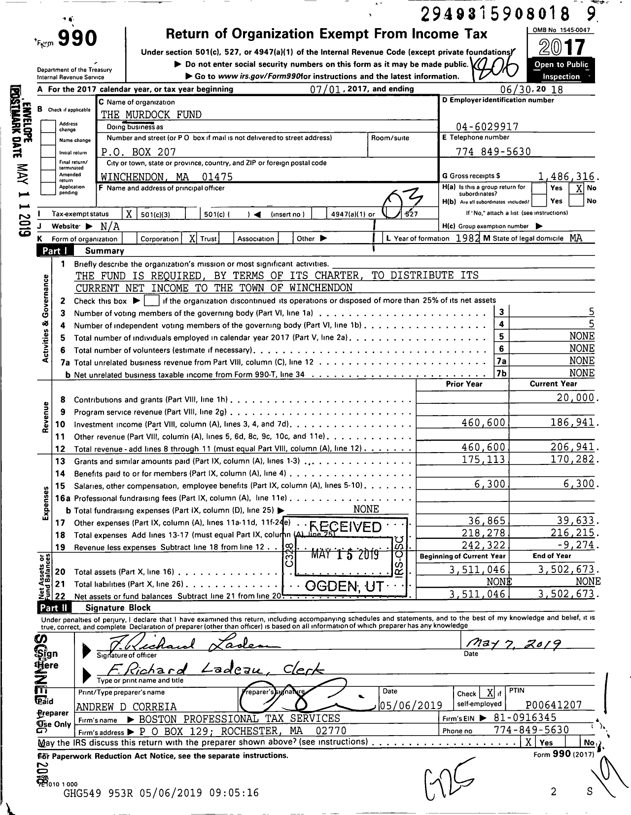 Image of first page of 2017 Form 990 for The Murdock Fund